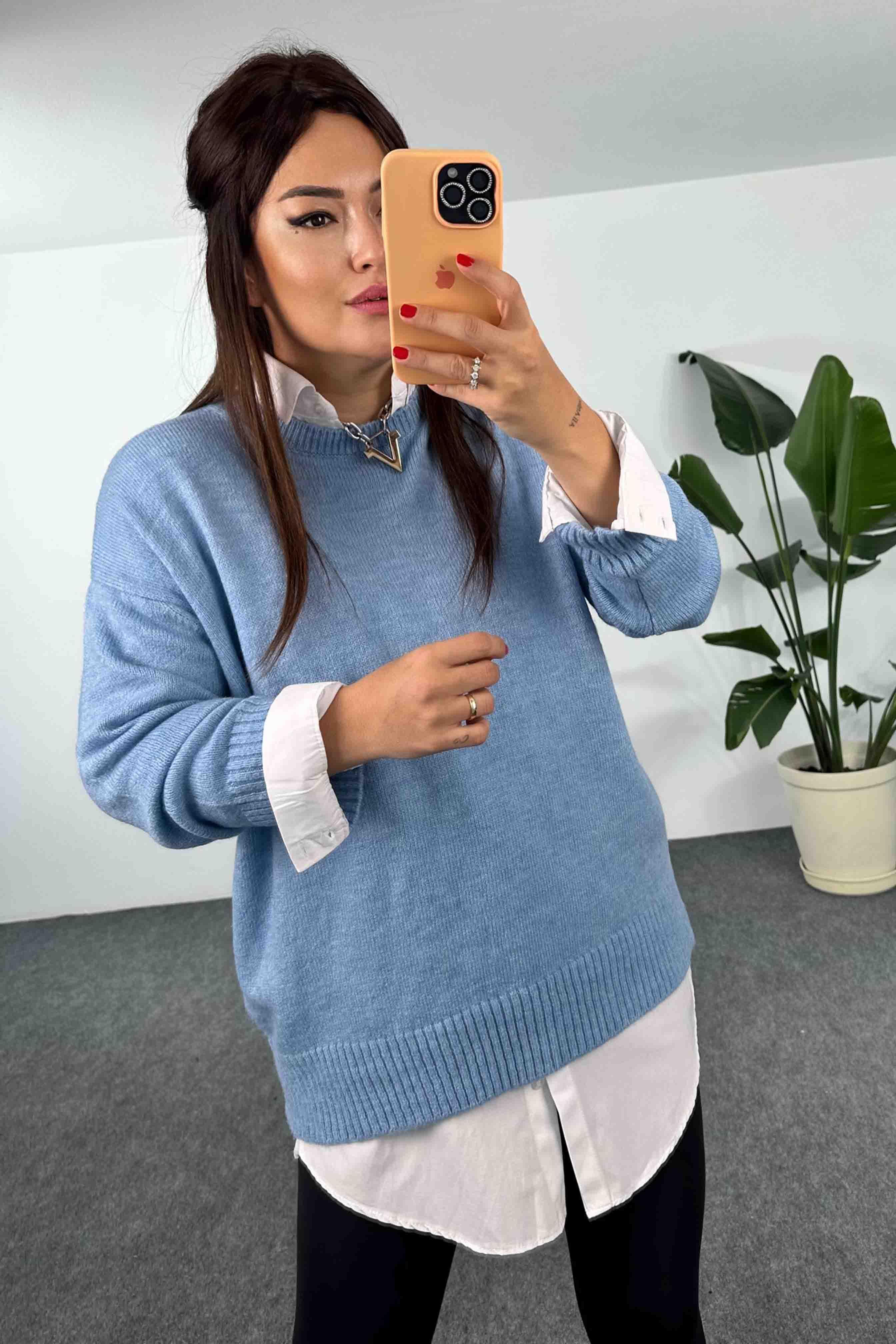 Akrilik Örme Bisiklet Yaka Oversize Kadın Kazak Bebe