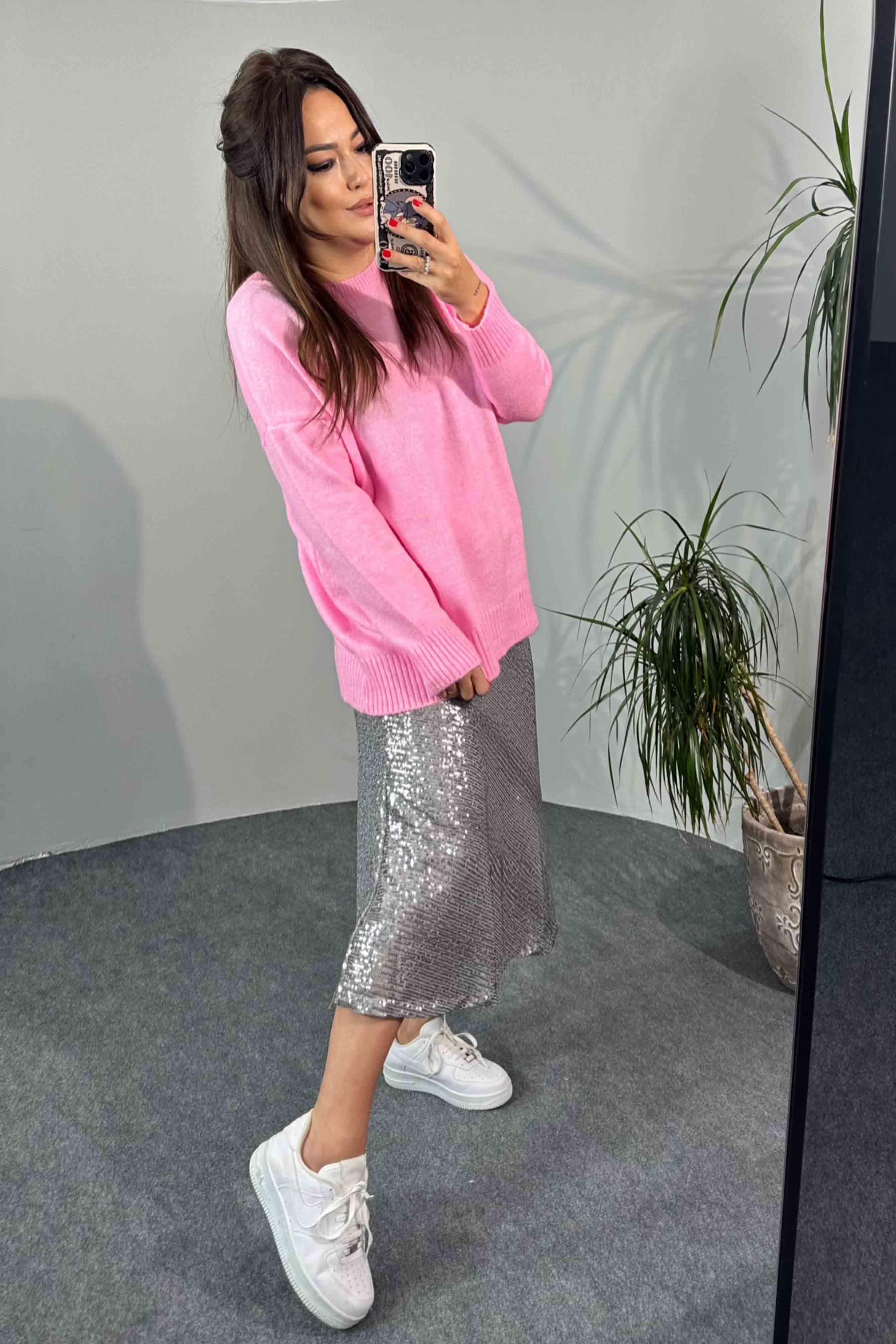 Akrilik Örme Bisiklet Yaka Oversize Kadın Kazak Toz Pembe