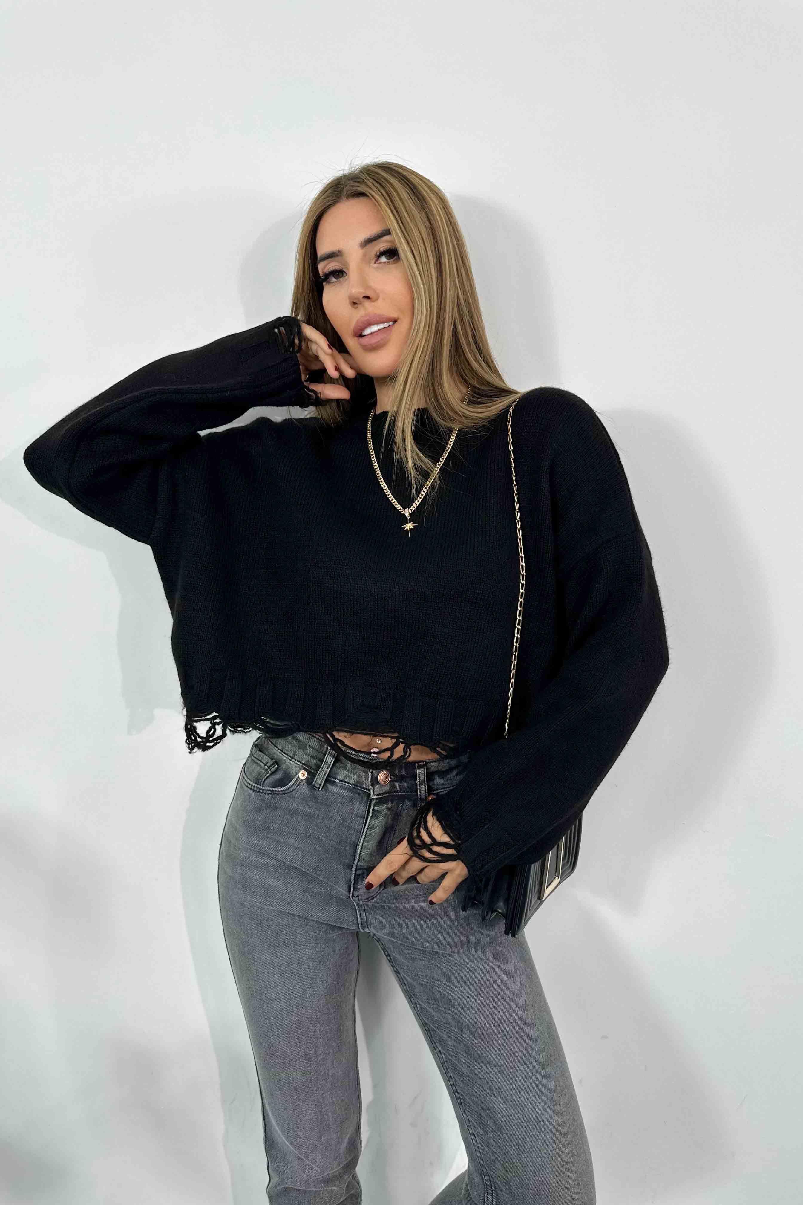 Akrilik Örme Crop Kazak Siyah