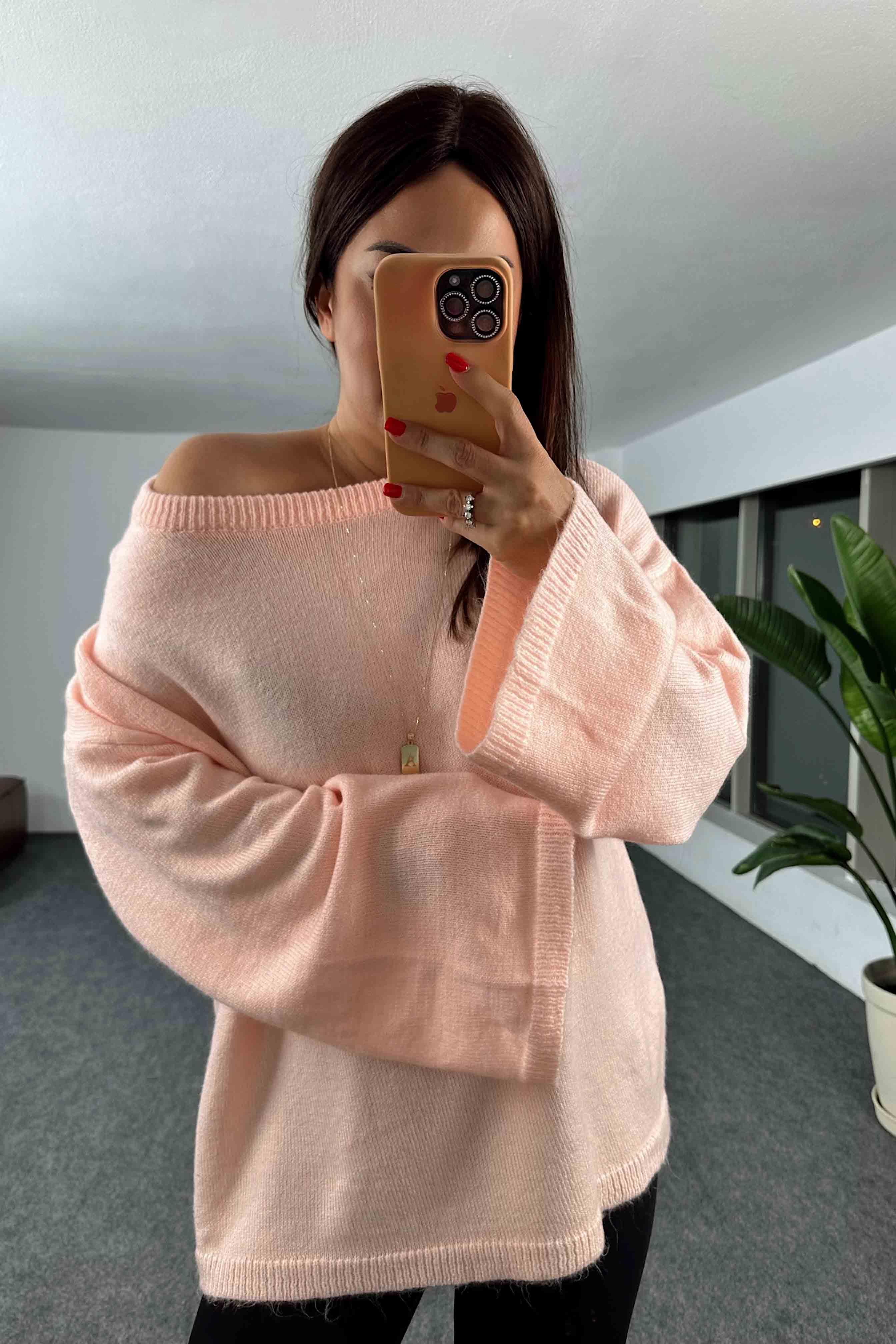 Akrilik Örme Oversize Kadın Kazak Şeftali