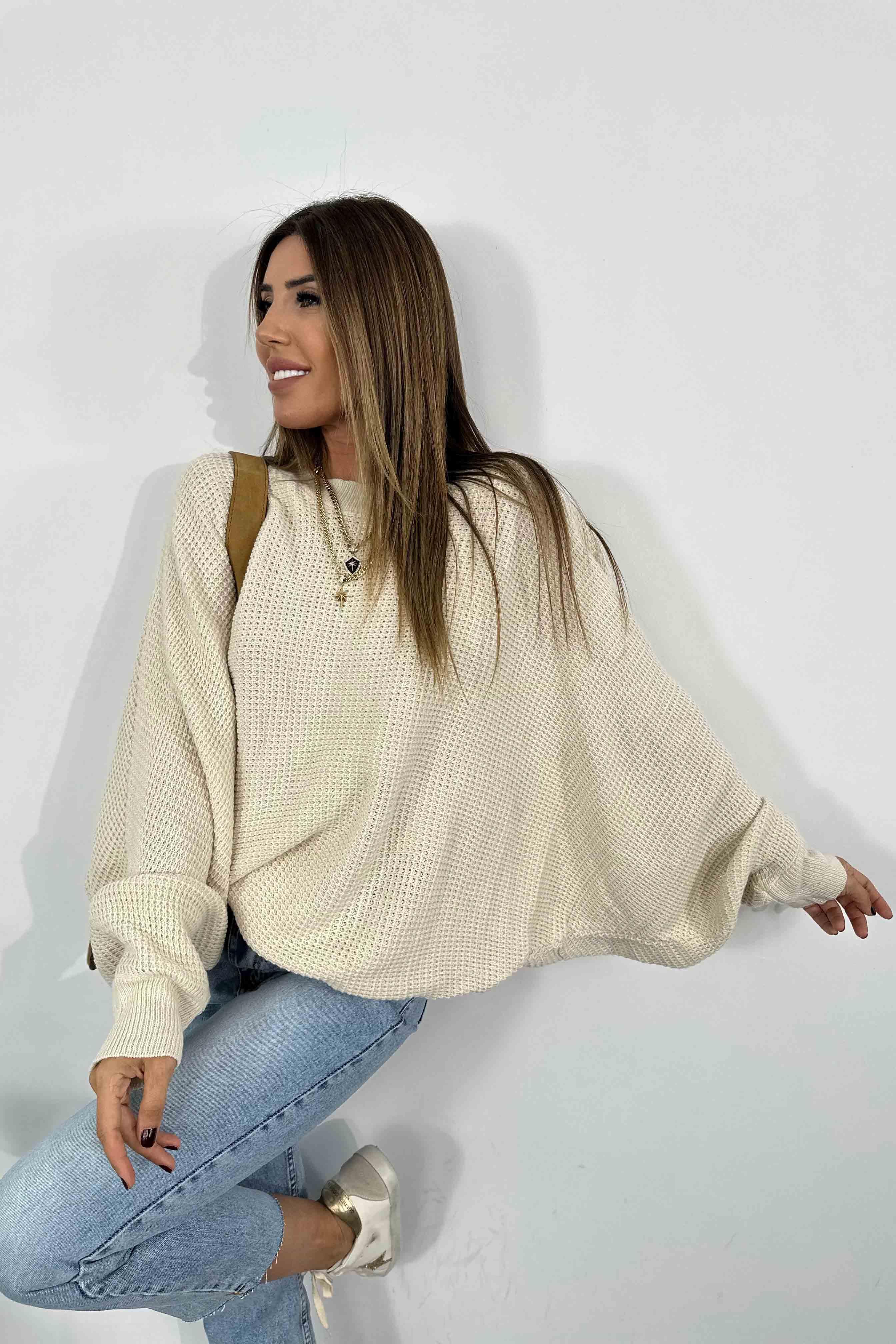 Akrilik Örme Sırt Dekolteli Triko Kazak Ekru