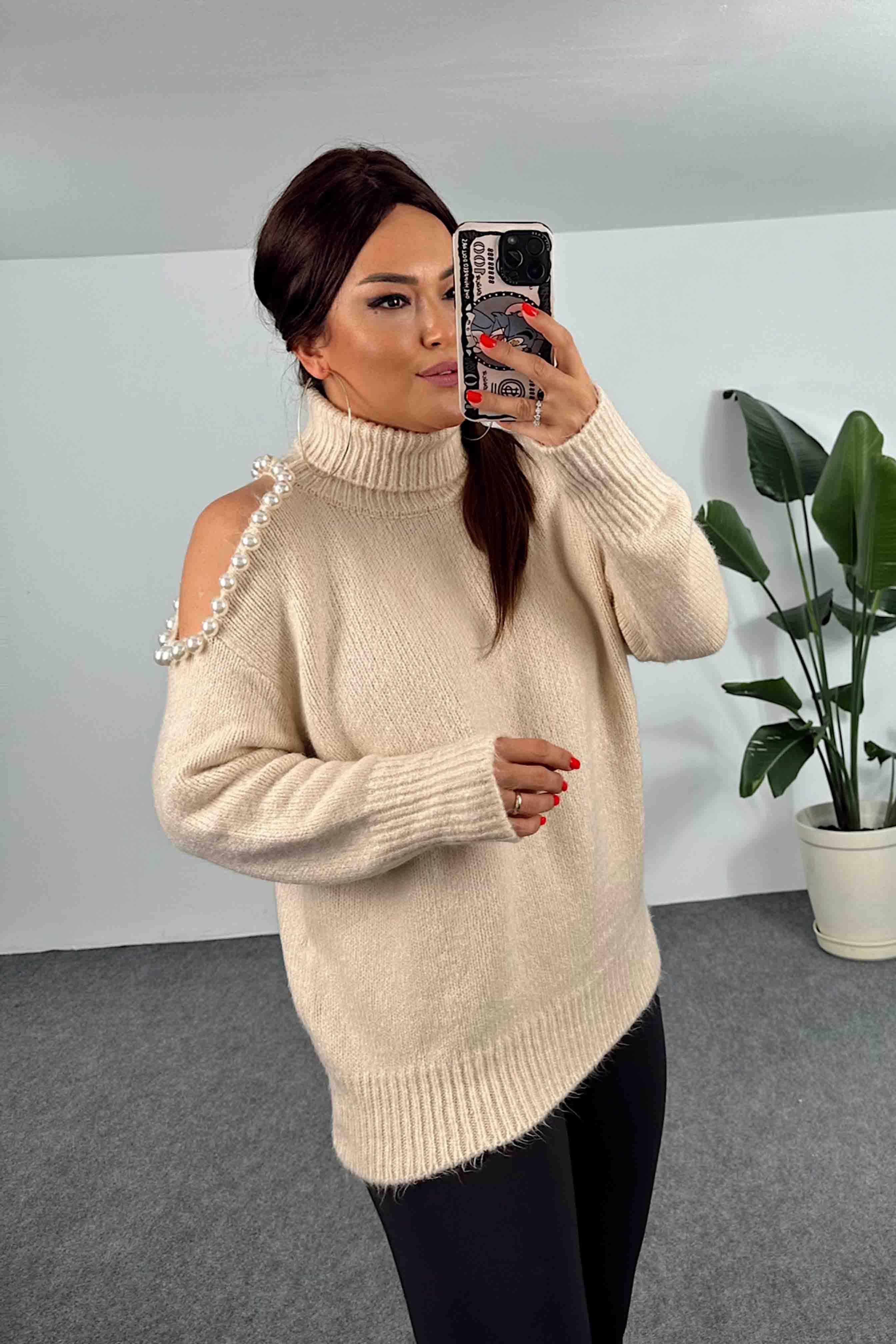 Akrilik Örme Tek Omuz İnci Detay Kadın Kazak Taş