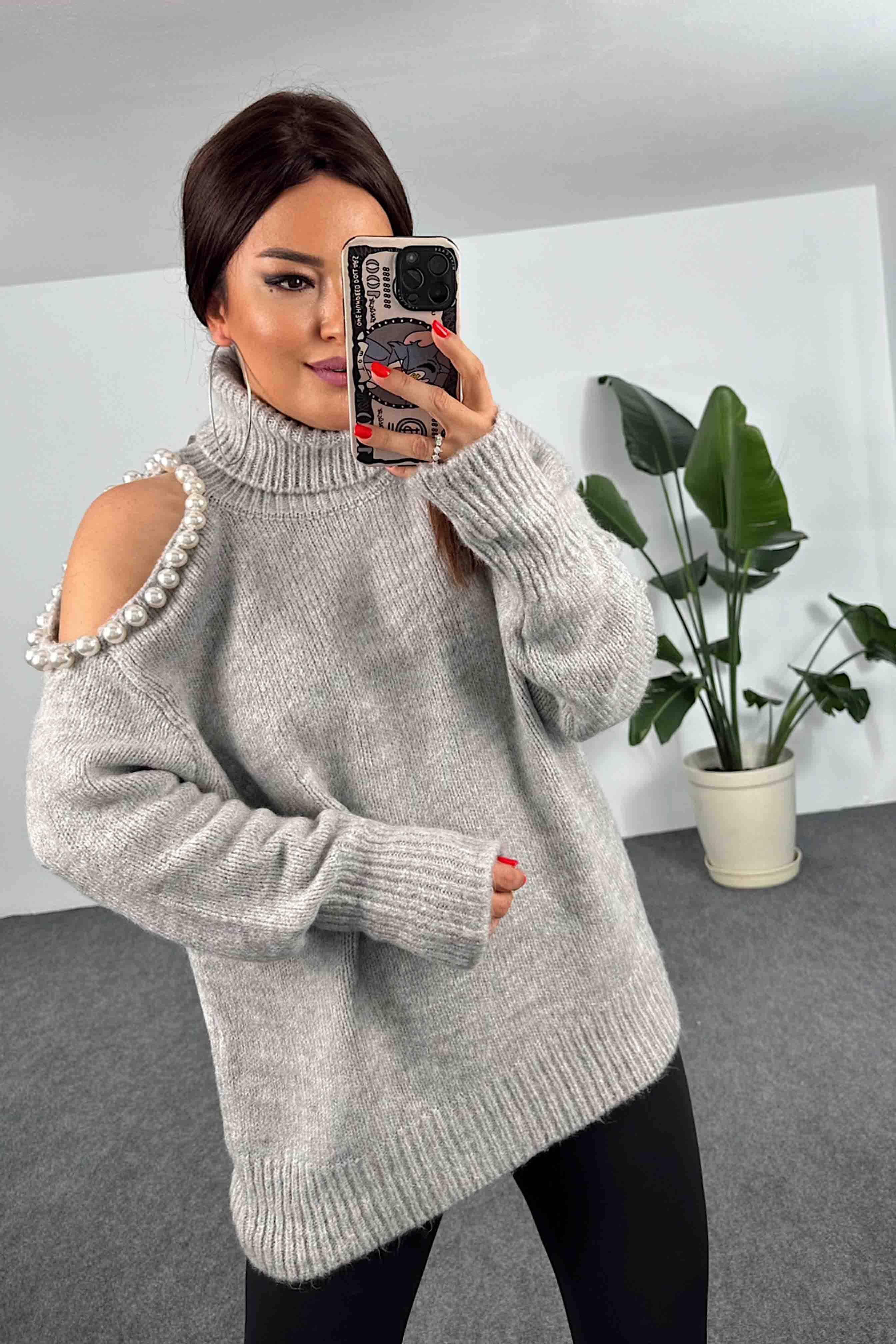 Akrilik Örme Tek Omuz İnci Detay Kadın Kazak Gri