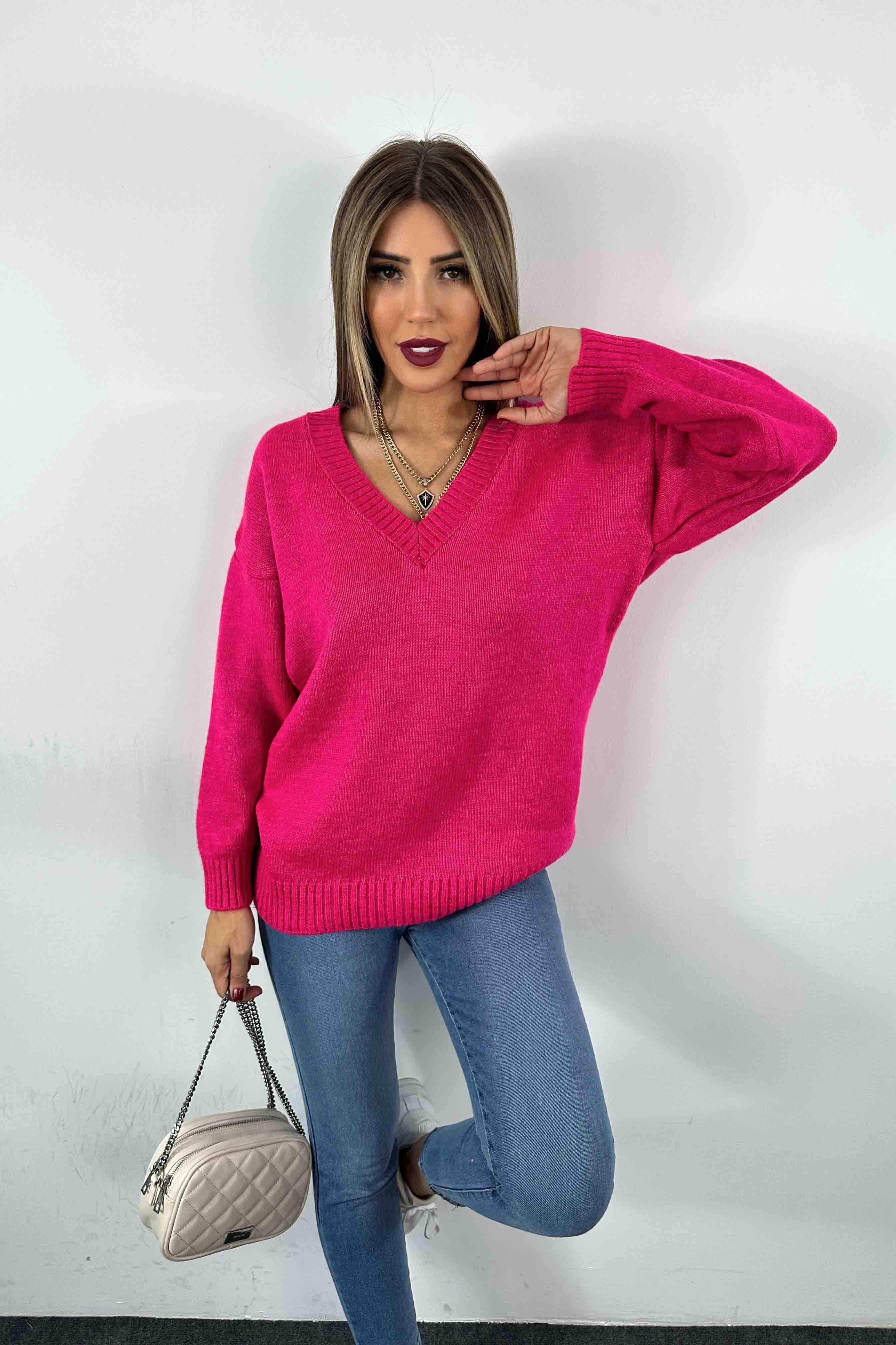 Akrilik Örme V Yaka Kadın Kazak Fuşya