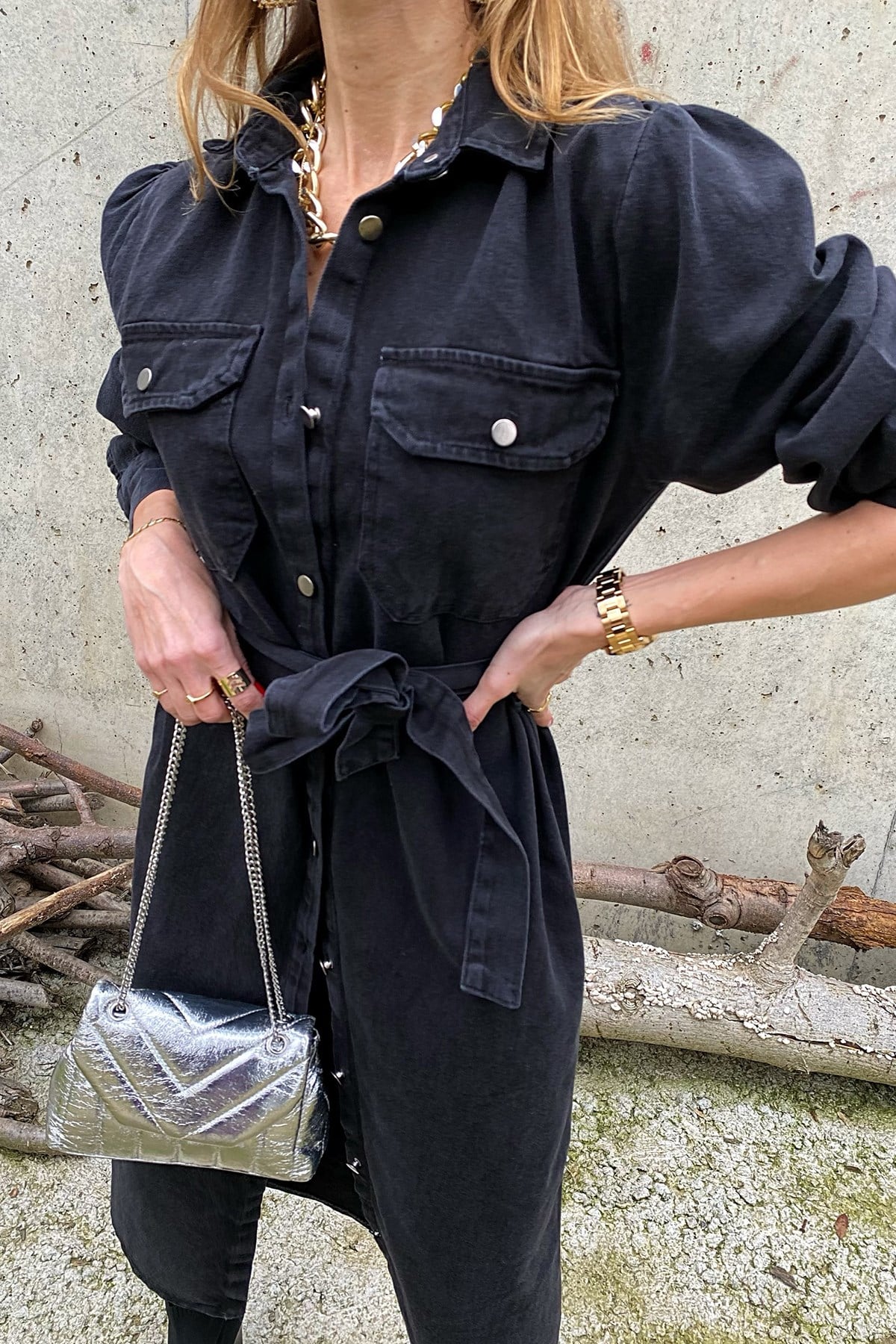 Antrasit Denim Cepli Ve Kuşak Detay Tasarım Jean Elbise