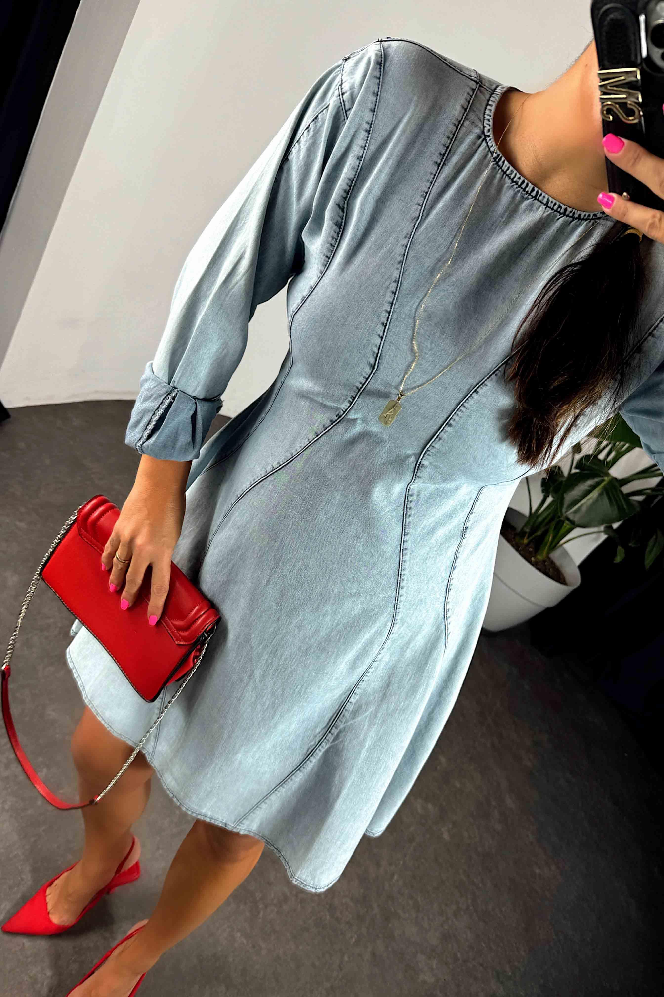 Arkası Fermuarlı İnce Denim Kadın Elbise Mavi