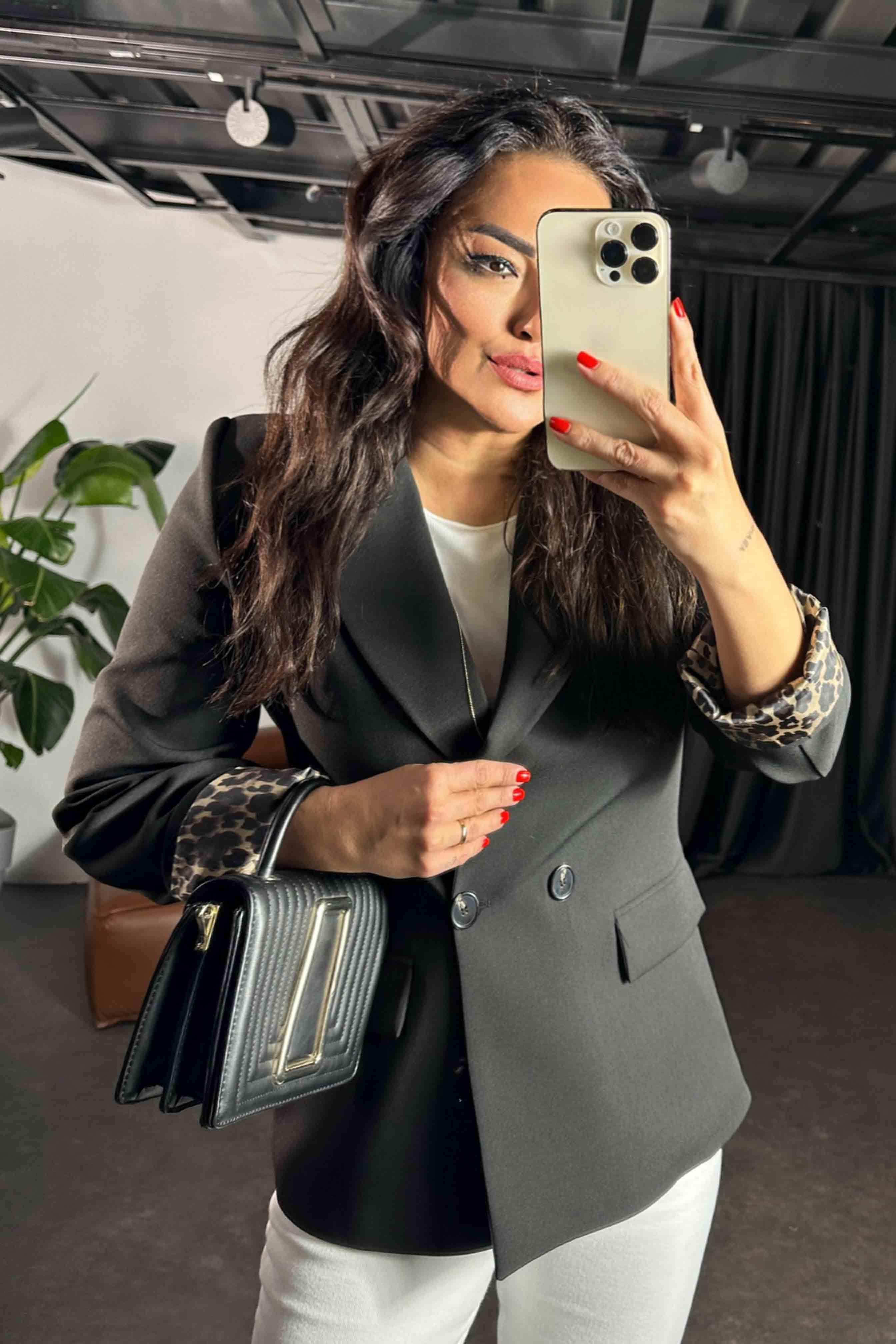Atlas Kumaş Leopar Astarlı Blazer Kadın Ceket Siyah