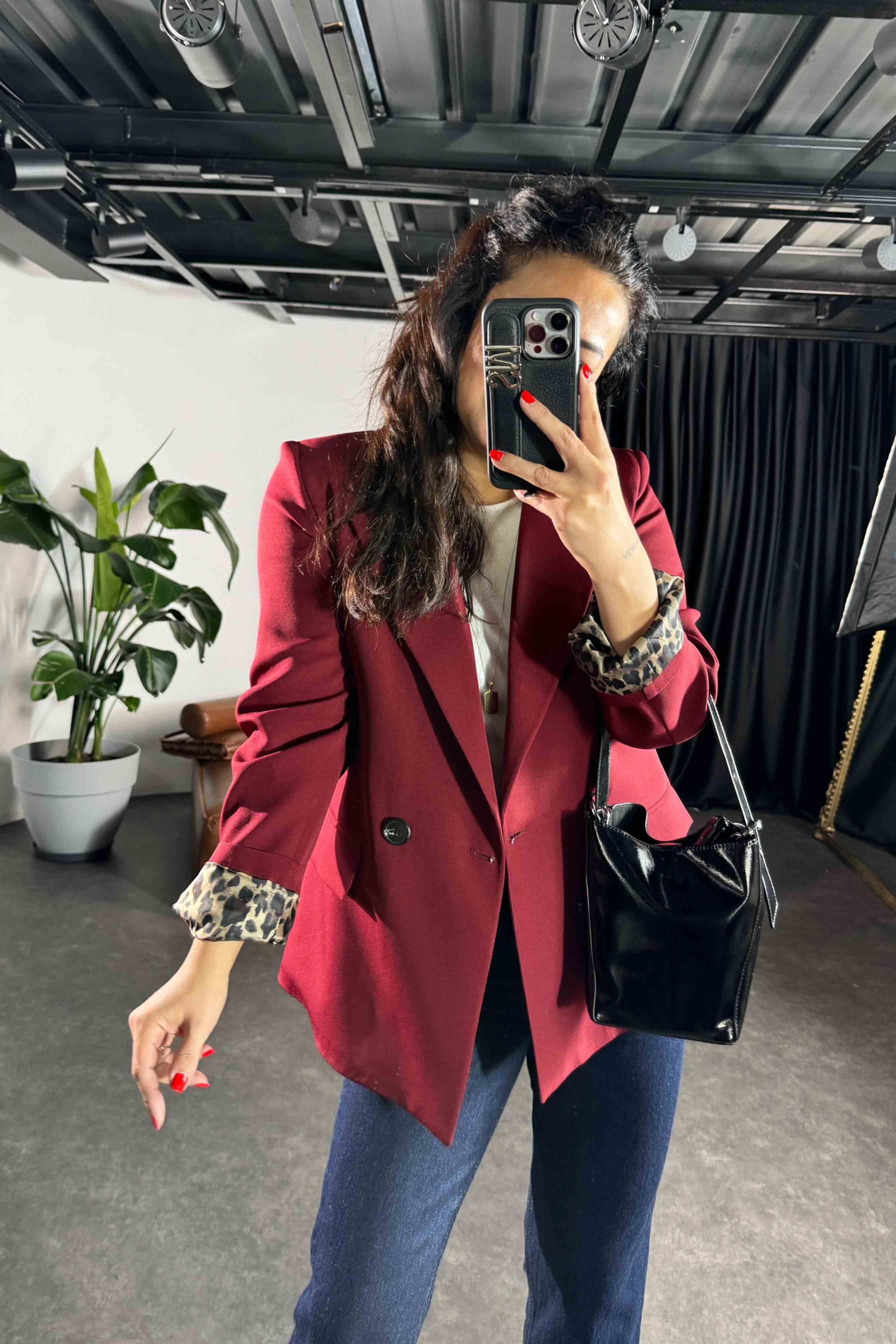 Atlas Kumaş Leopar Astarlı Blazer Kadın Ceket Bordo