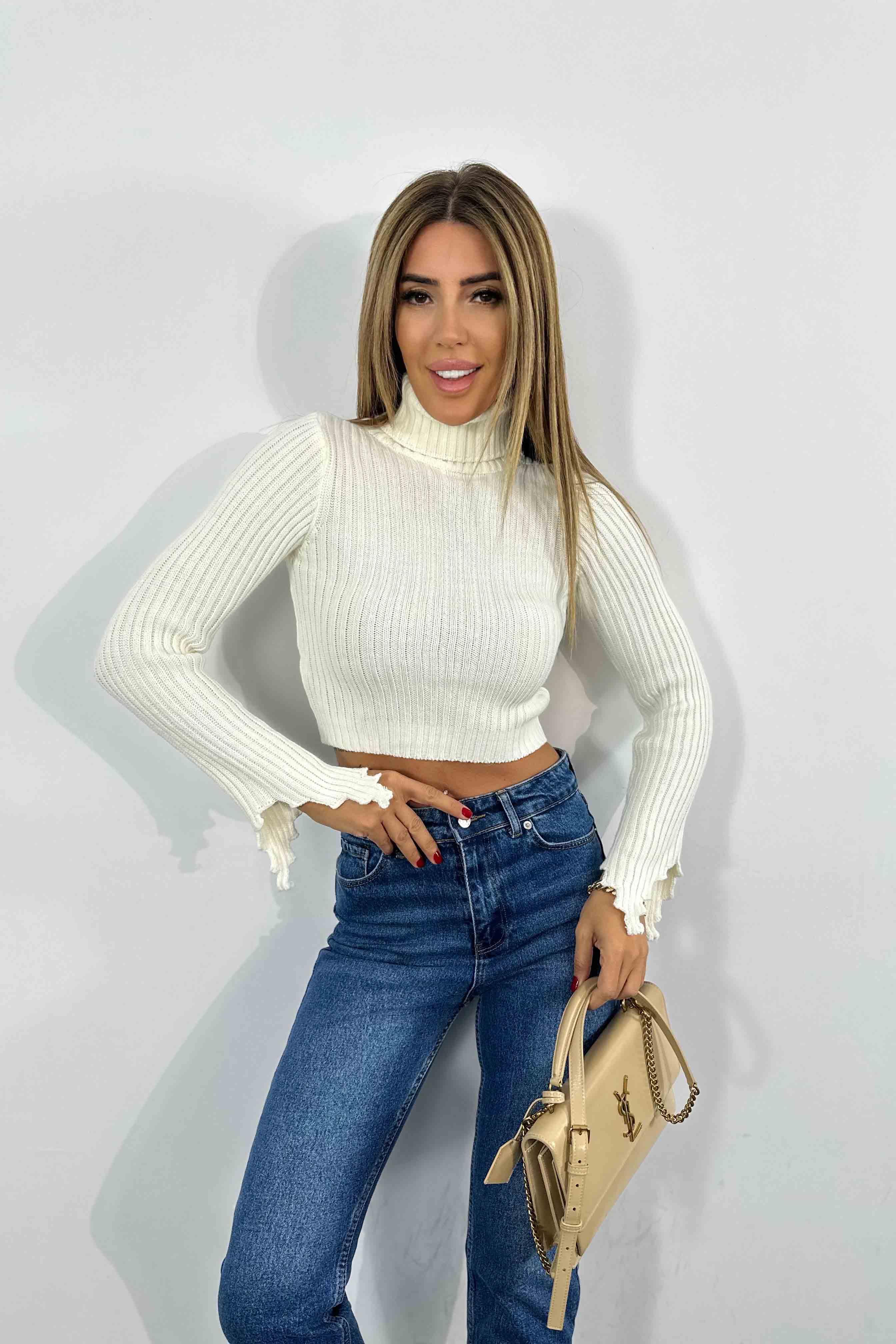 Balıkçı Yaka Fitilli Triko Kazak Ekru