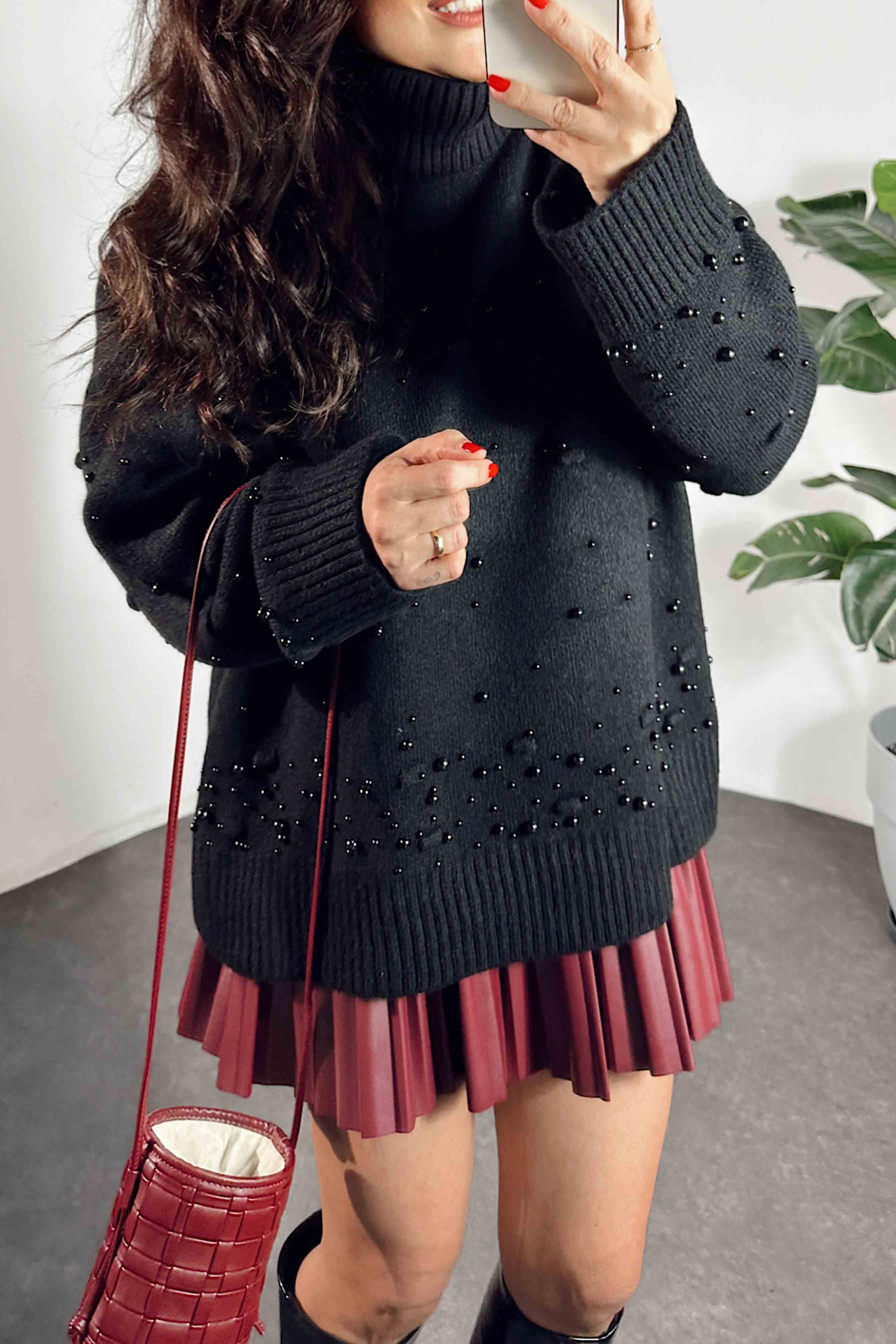 Balıkçı Yaka İnci Detaylı Oversize Triko Kazak Siyah