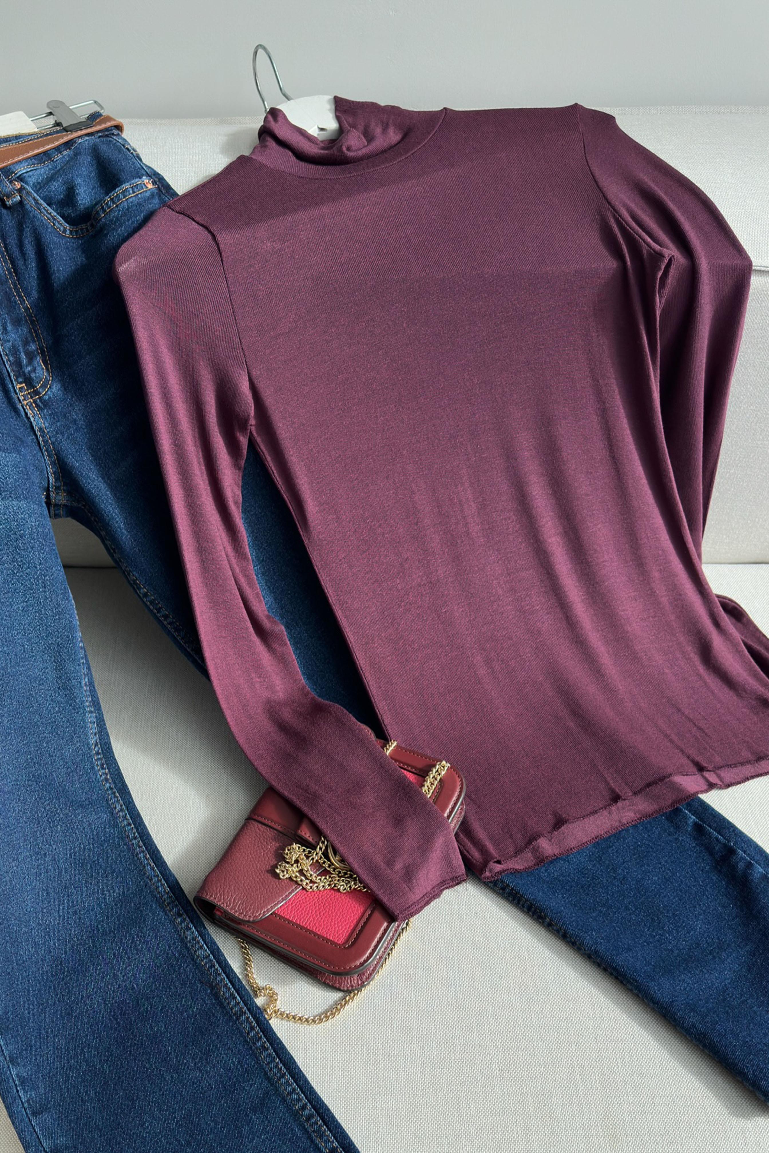 Balıkçı Yaka Modal Kaşmir Ultra Hafif Bluz Bordo