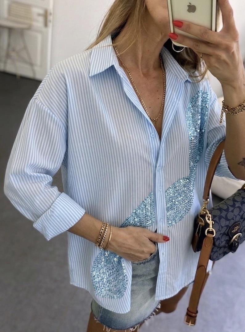 Bebe Mavi Boncuk İşlemeli Pera Oversize Gömlek