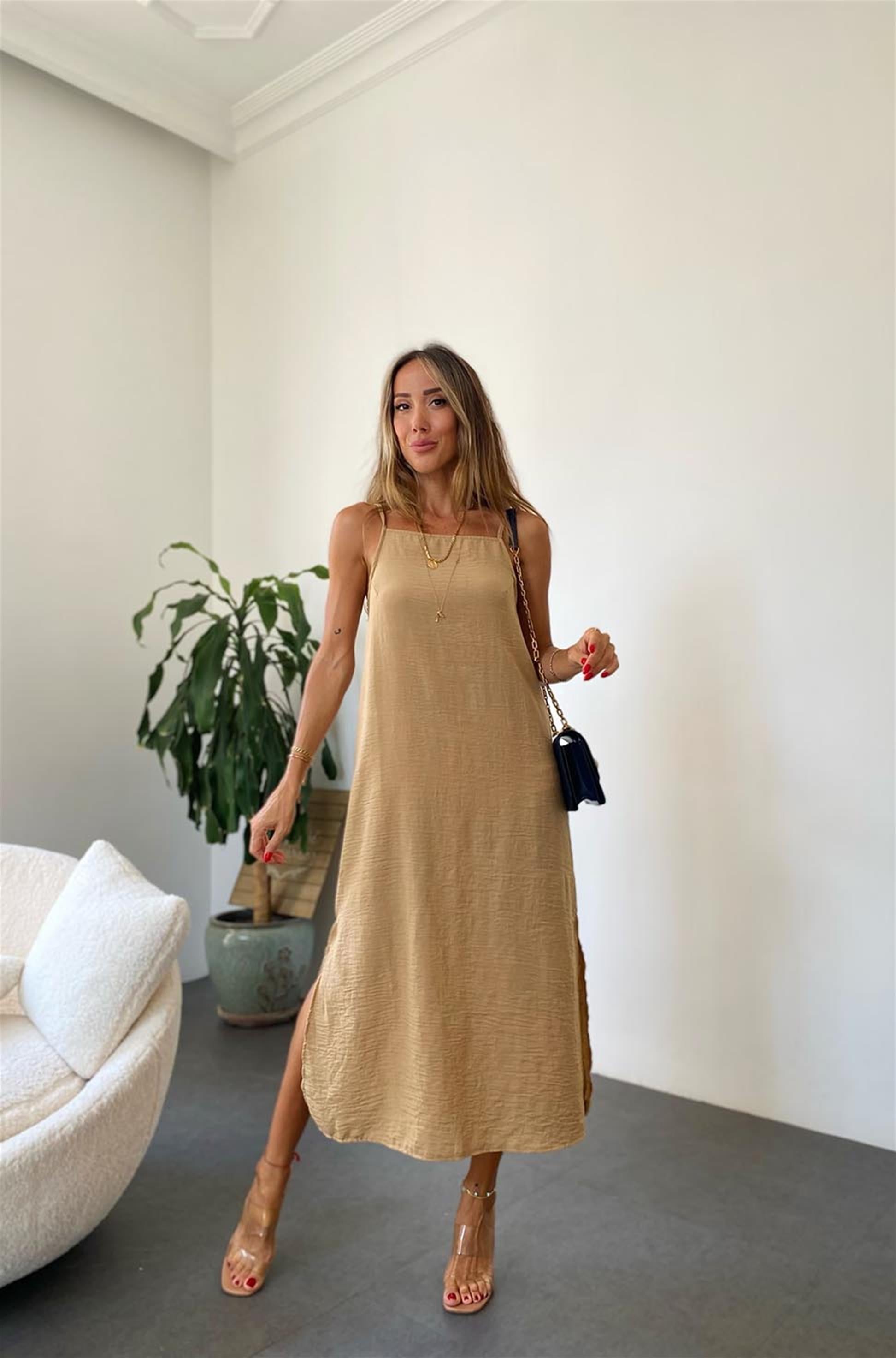 Bebe Plus İp Askılı Yırtmaçlı Midi Boy Keten Elbise Bej