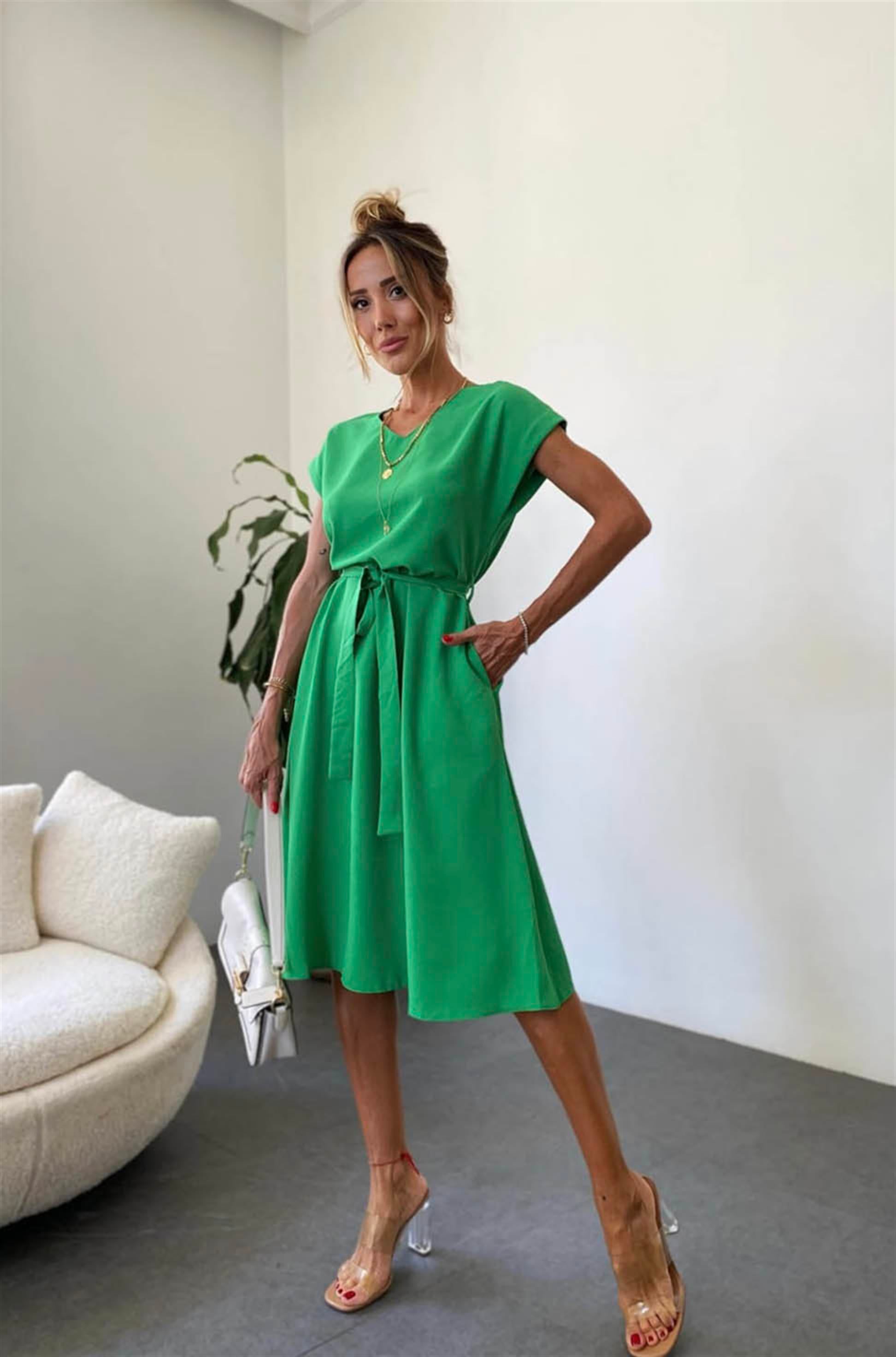 Bebe Plus Kuşaklı Basic Kloş Elbise Yeşil