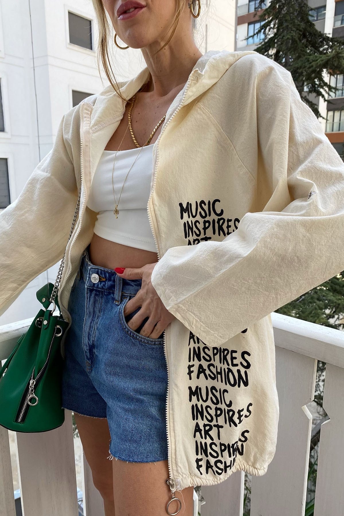 Bej Naturel Kumaş Music Art Yazı Figürlü Oversize Ceket · 7