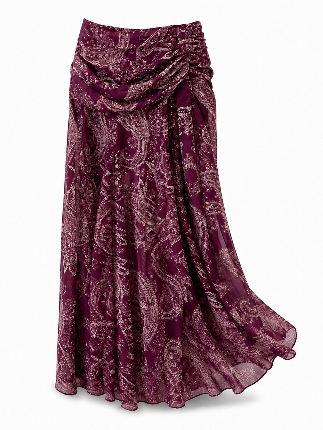Bel Drape Şal Desen Şifon Etek Bordo