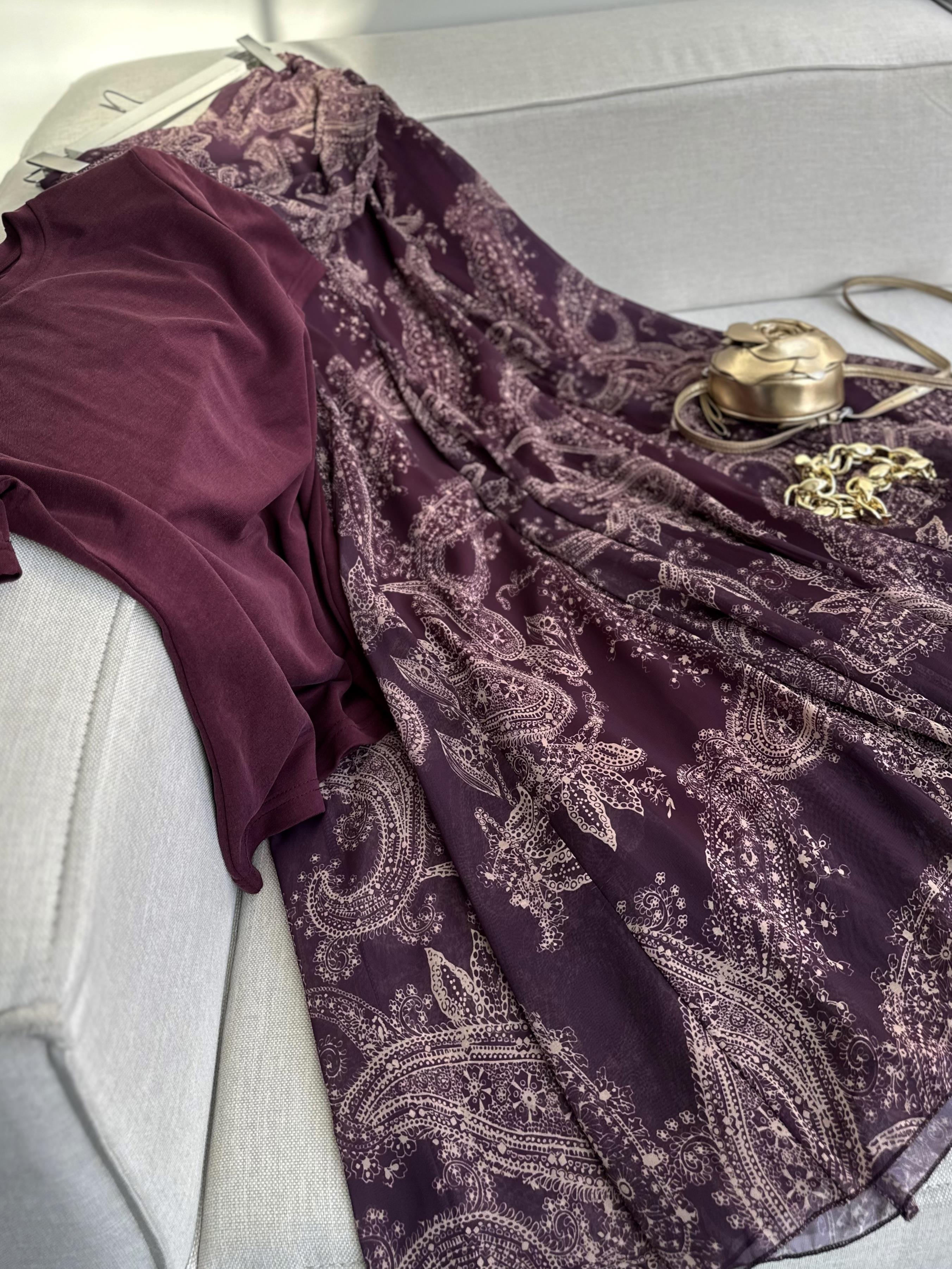 Bel Drape Şal Desen Şifon Etek Bordo