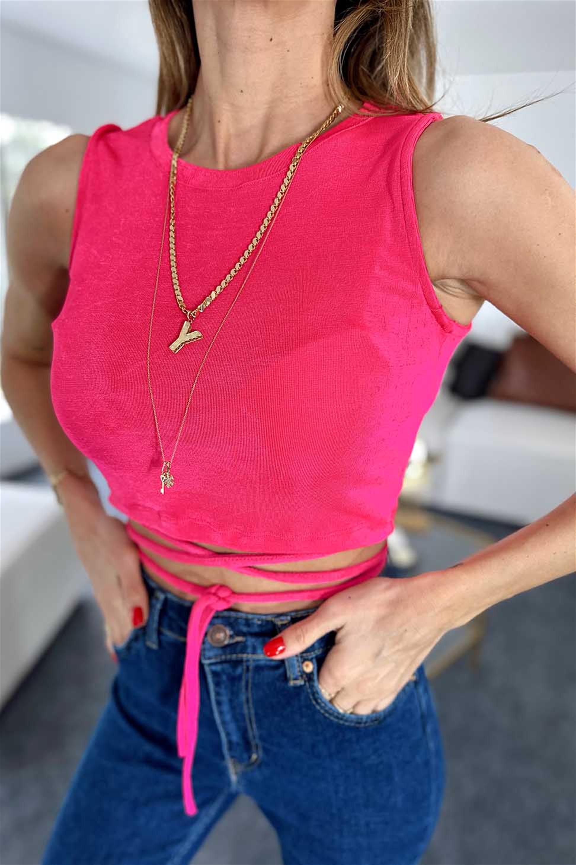 Belden Bağlamalı Tasarım Süper Likralı Crop Bluz Pembe · 6