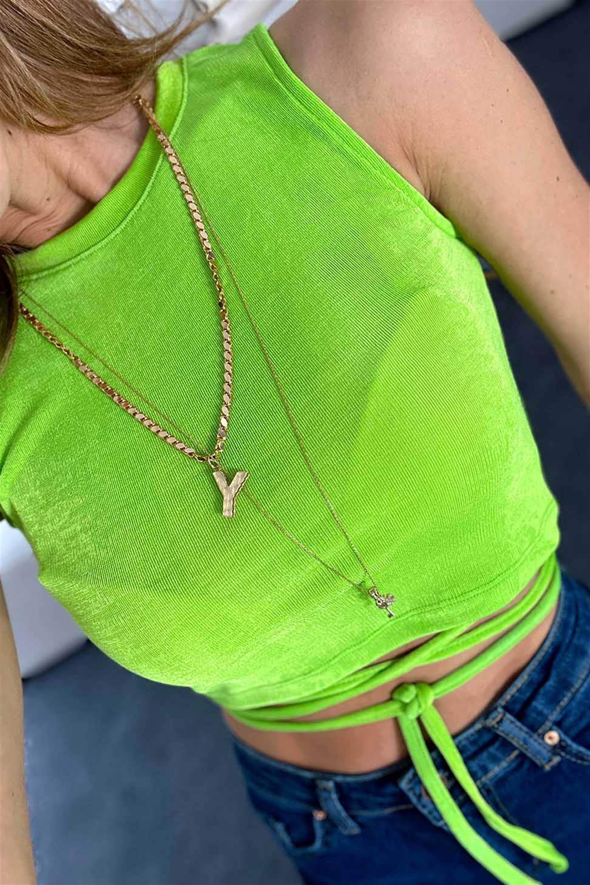 Belden Bağlamalı Tasarım Süper Likralı Crop Bluz Fıstık Yeşil · 6