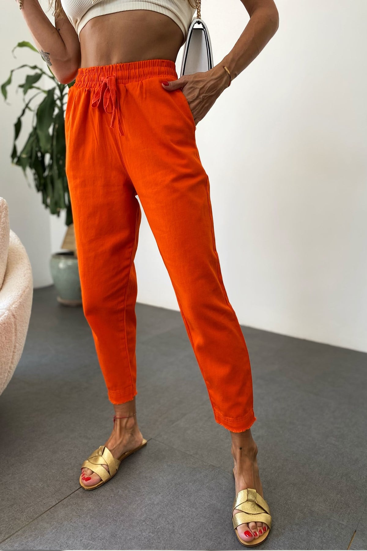 Beli Lastik Gabardin Pantolon Turuncu