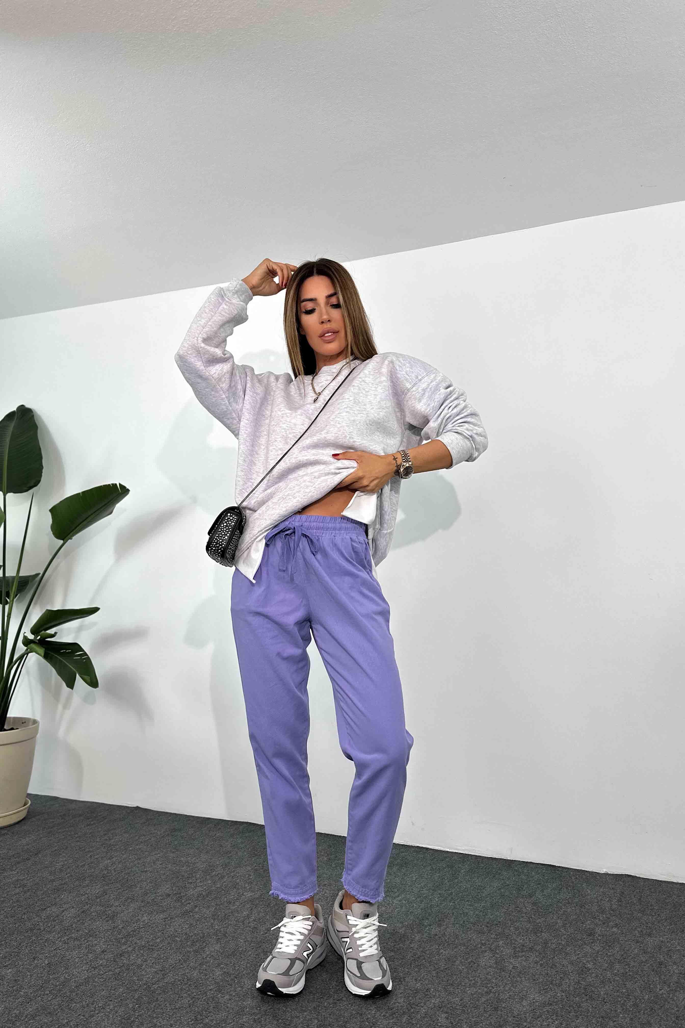 Beli Lastik ve İpli Püskül Detay Gabardin Pantolon Lila