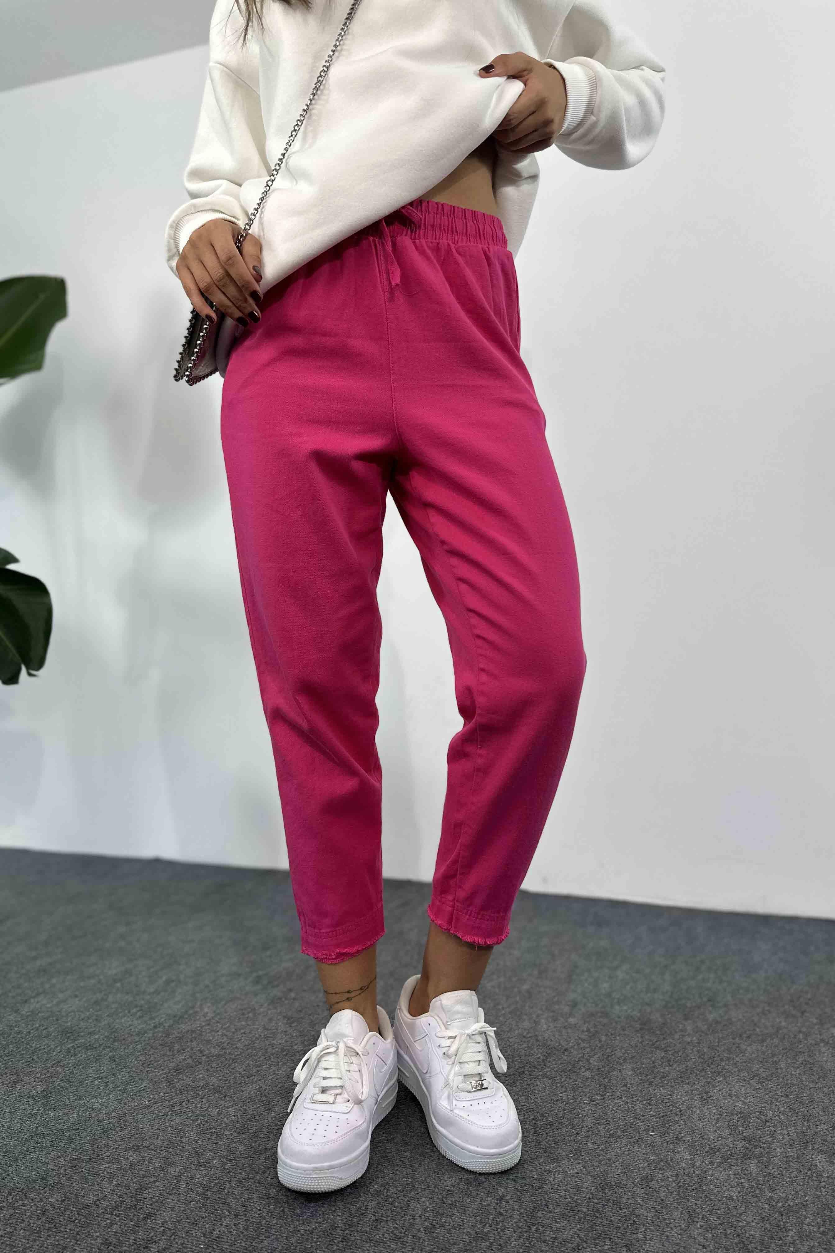 Beli Lastik ve İpli Püskül Detay Gabardin Pantolon Fuşya
