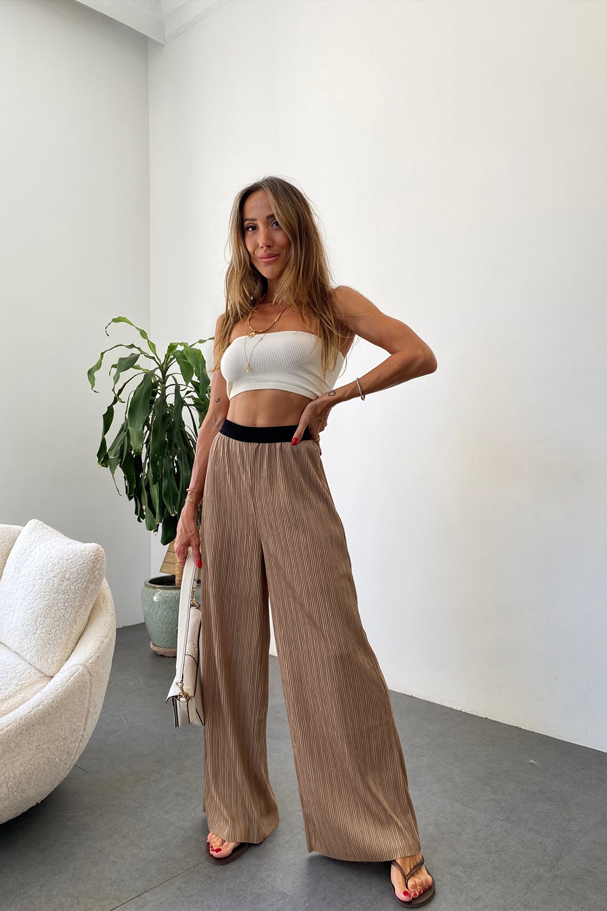 Beli Lastikli Fitilli Kumaş Pantolon Camel