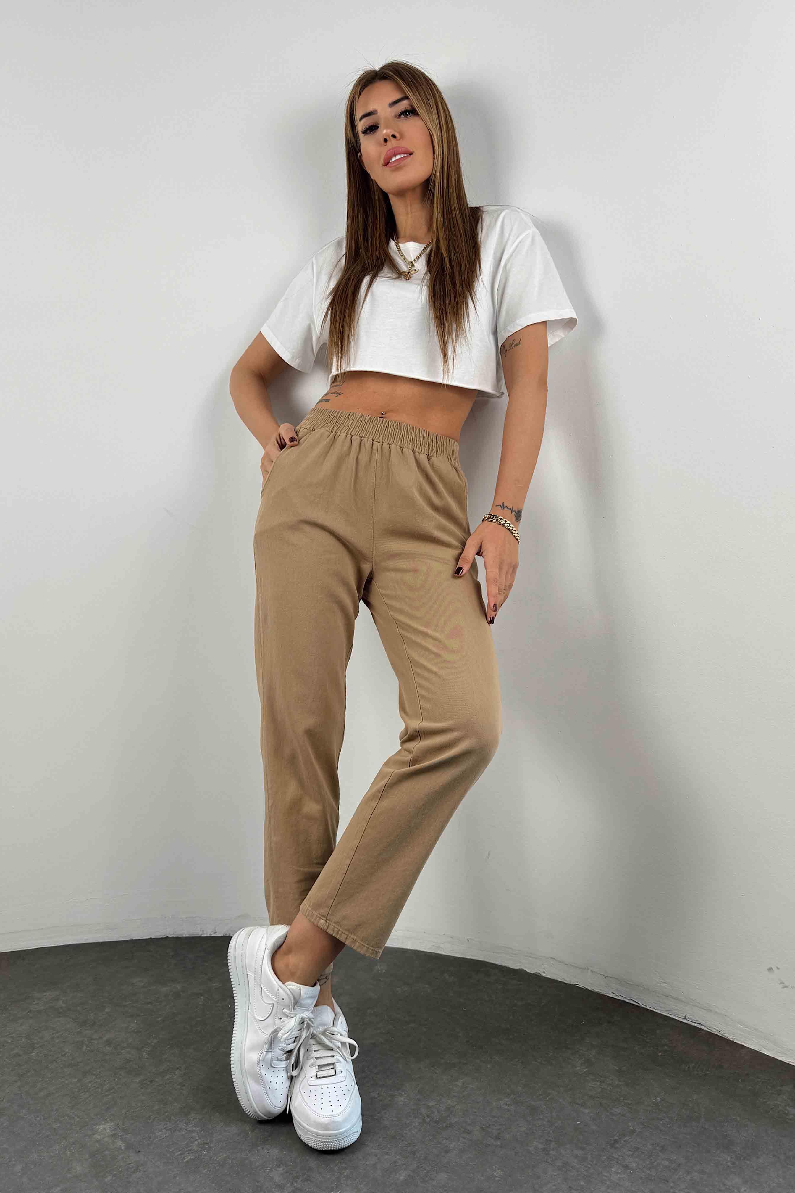 Beli Lastikli Gabardin Kadın Pantolon Camel