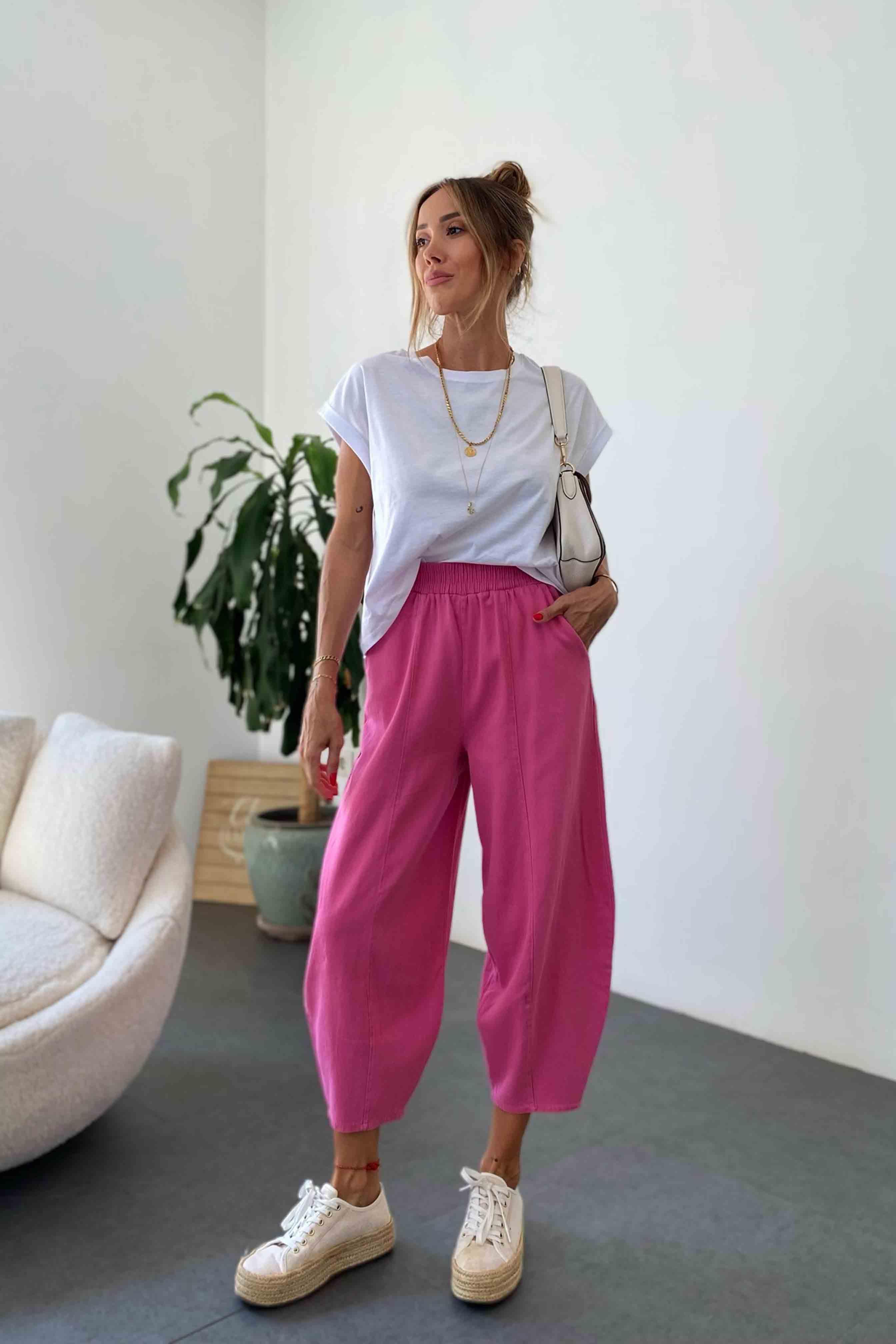 Beli Lastikli Gabardin Kumaş Şalvar Pantolon Pembe
