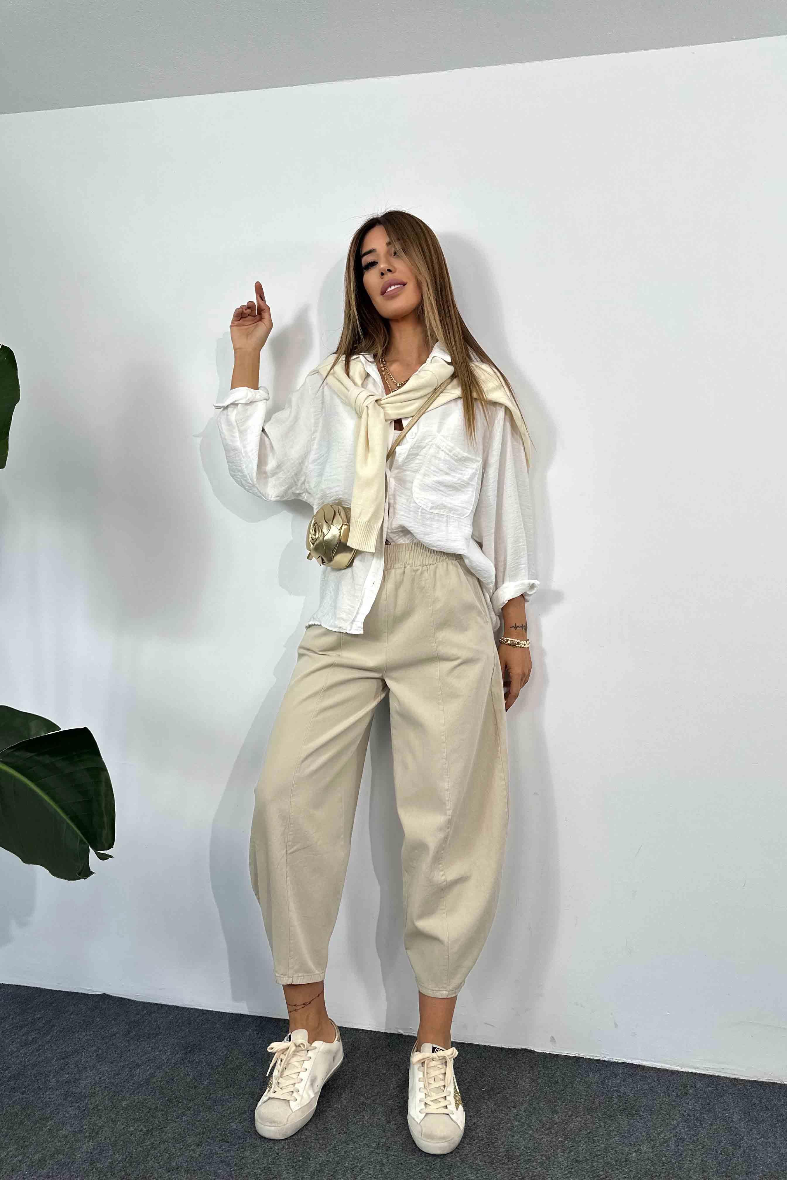 Beli Lastikli Gabardin Kumaş Şalvar Pantolon Ekru