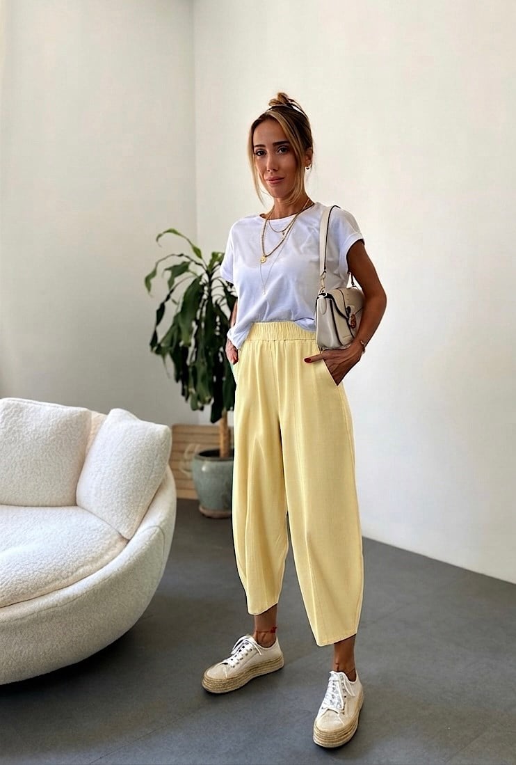 Beli Lastikli Gabardin Kumaş Şalvar Pantolon Sarı