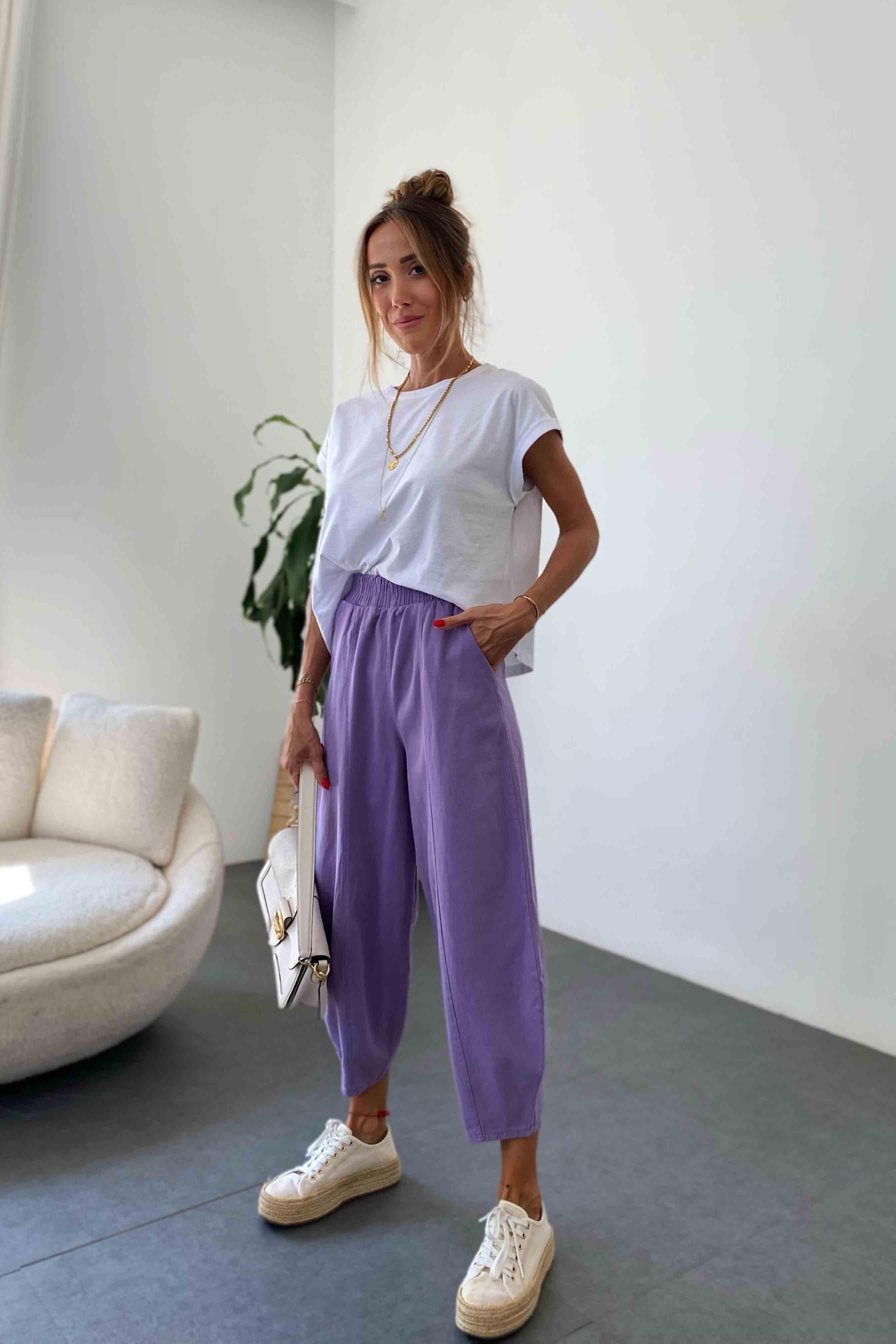 Beli Lastikli Gabardin Kumaş Şalvar Pantolon Lila