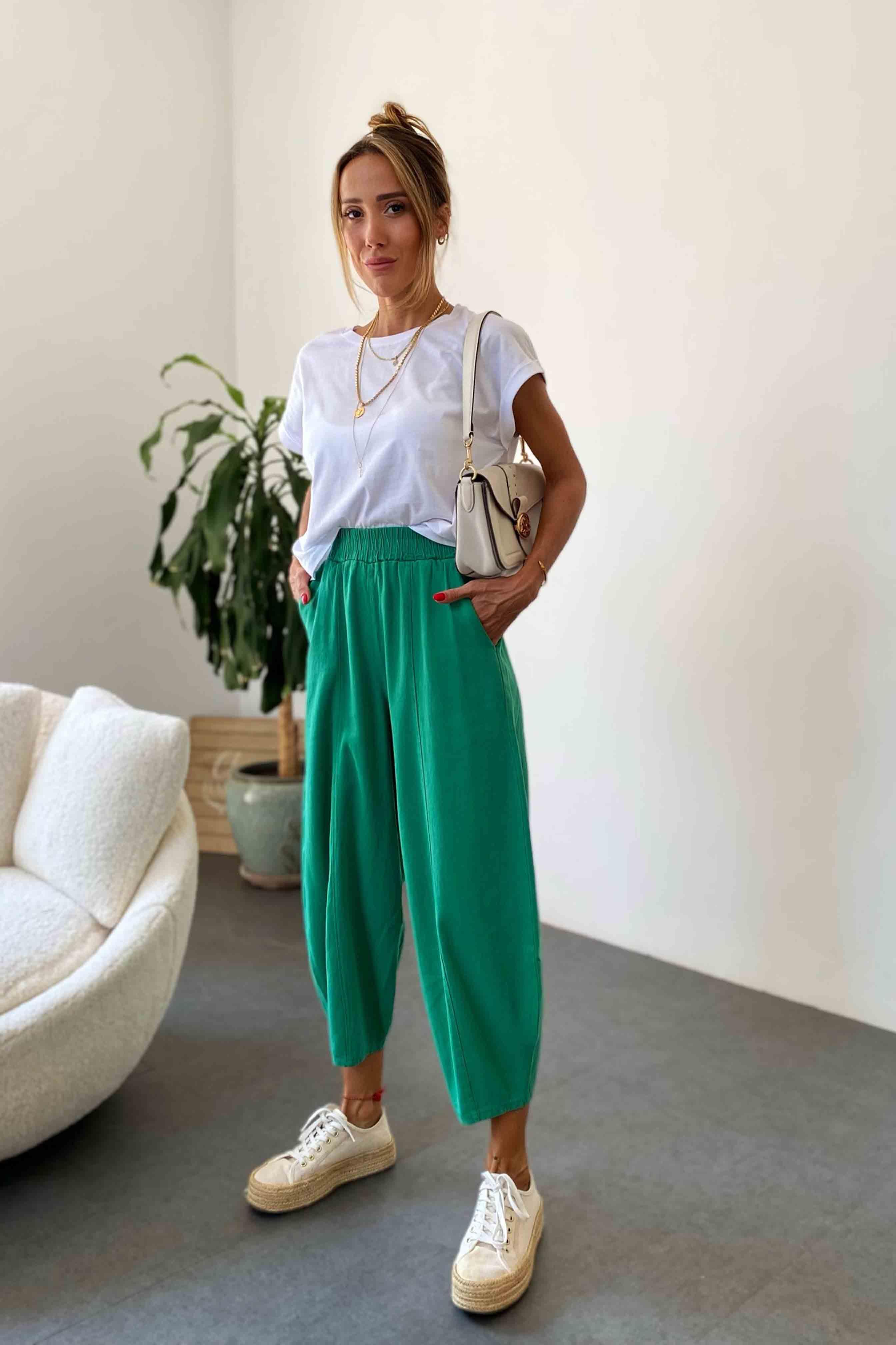 Beli Lastikli Gabardin Kumaş Şalvar Pantolon Yeşil