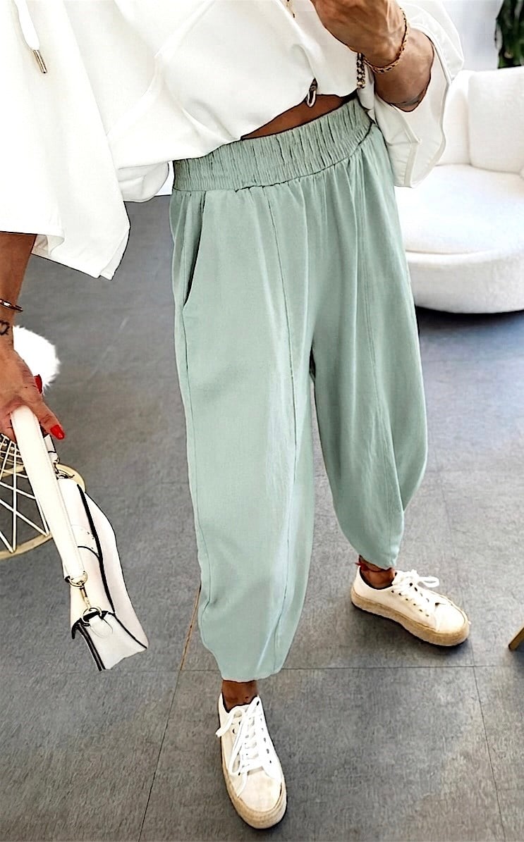 Beli Lastikli Gabardin Kumaş Şalvar Pantolon Mint