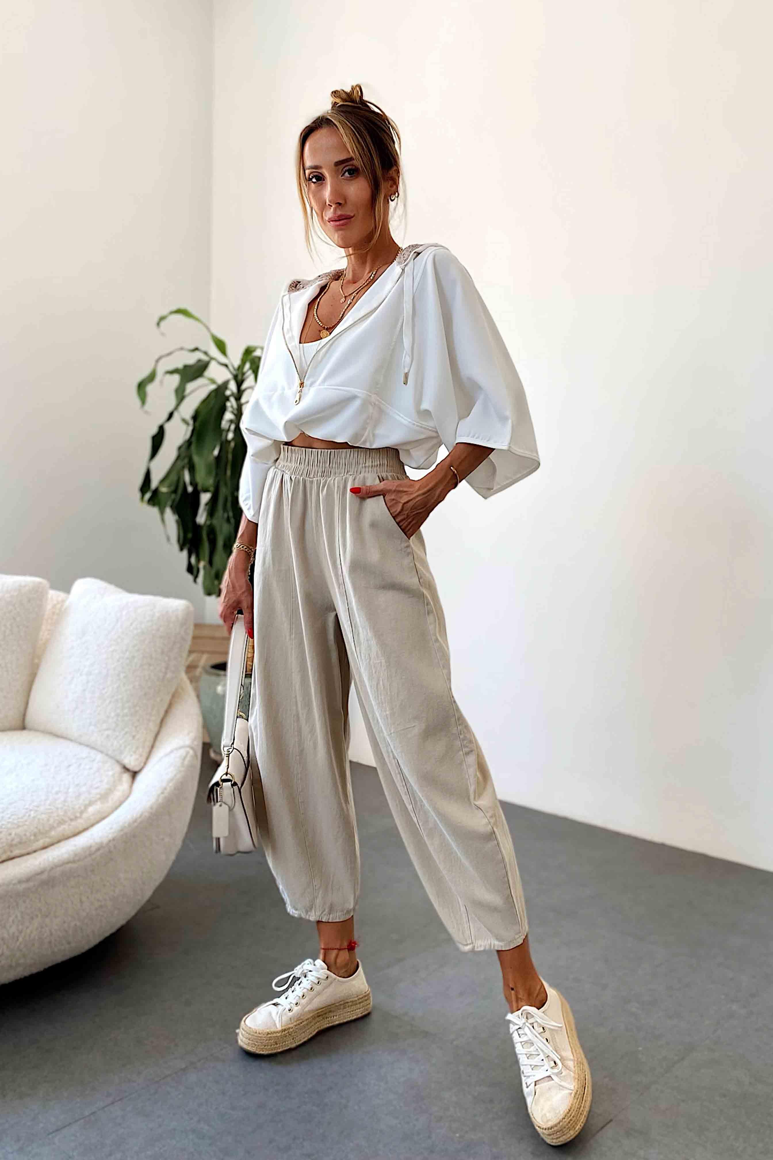 Beli Lastikli Gabardin Kumaş Şalvar Pantolon Taş