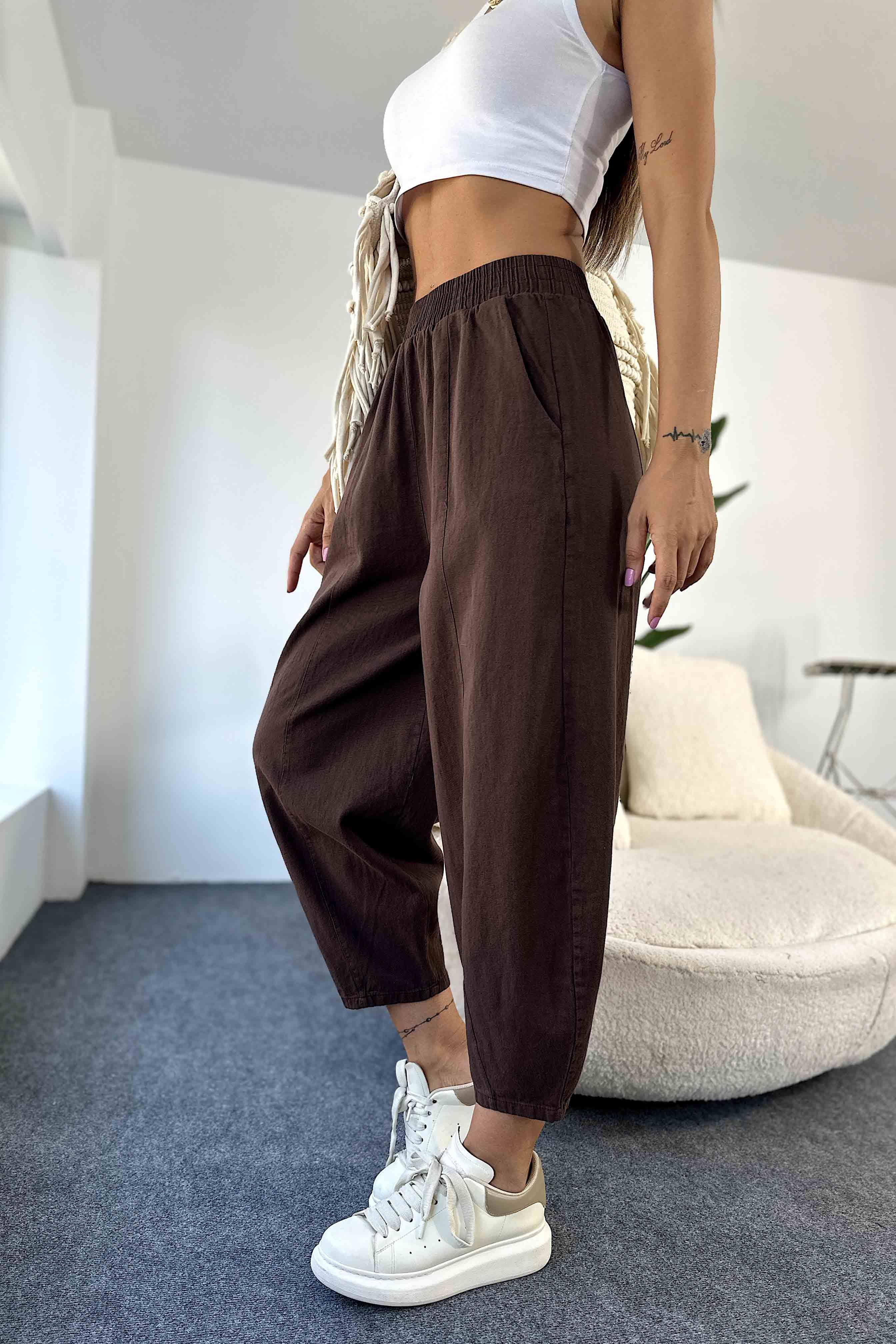Beli Lastikli Gabardin Kumaş Şalvar Pantolon Acı Kahve · 4