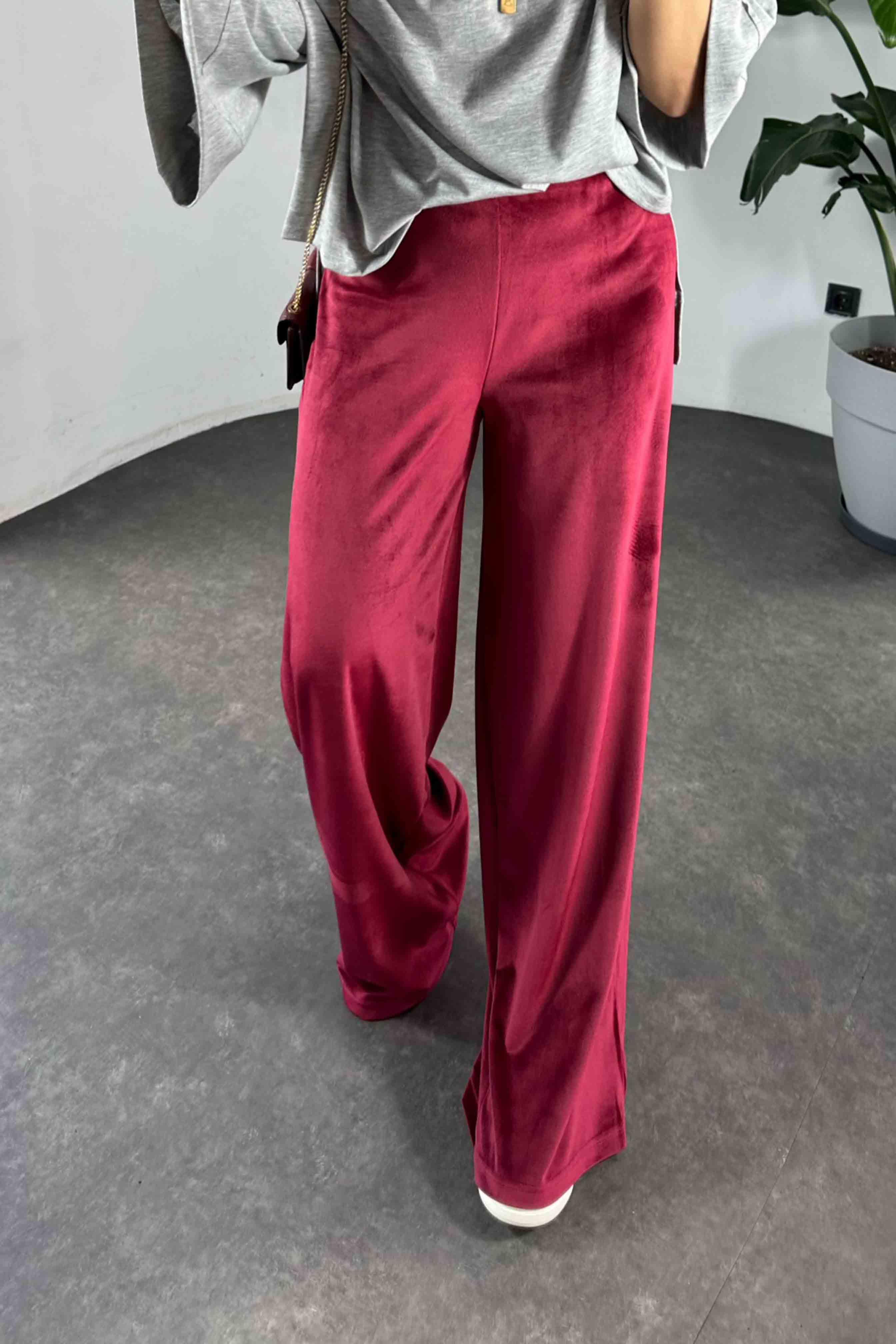 Beli Lastikli Kadife Palazzo Kadın Pantolon Bordo