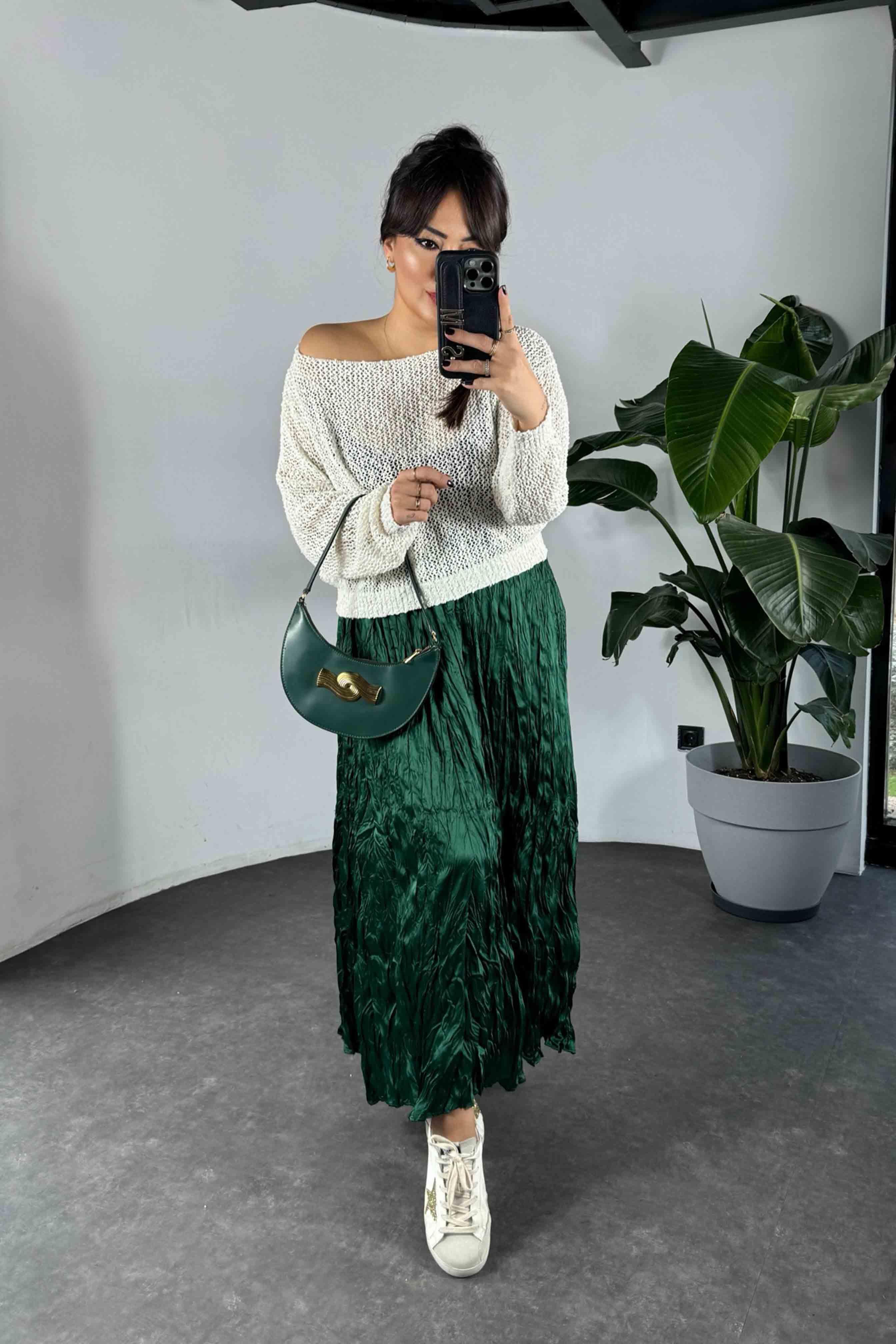 Beli Lastikli Kırışık Pileli Saten Kadın Etek Zümrüt