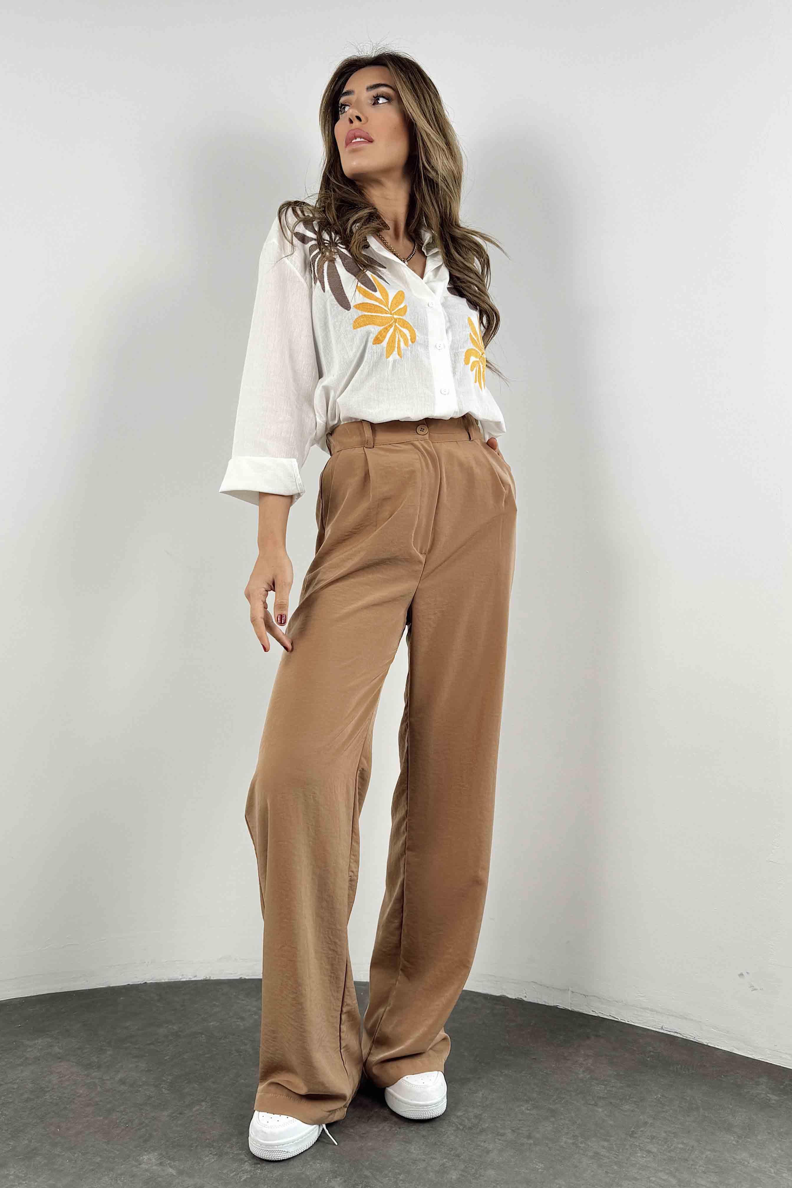 Beli Lastikli Palazzo Kadın Pantolon Camel