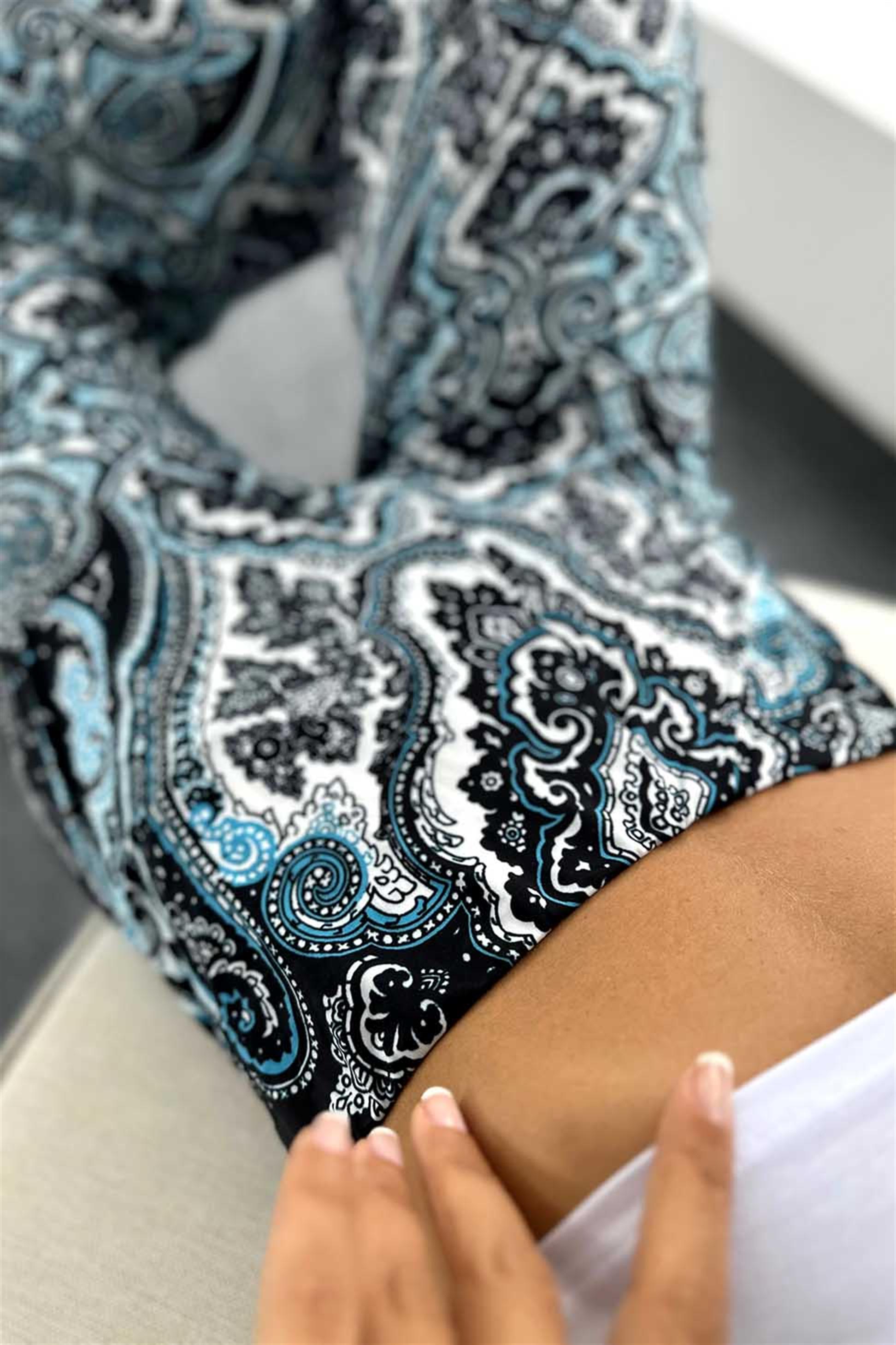 Beli Lastikli Şal Desen Salaş Pantolon Mavi · 4