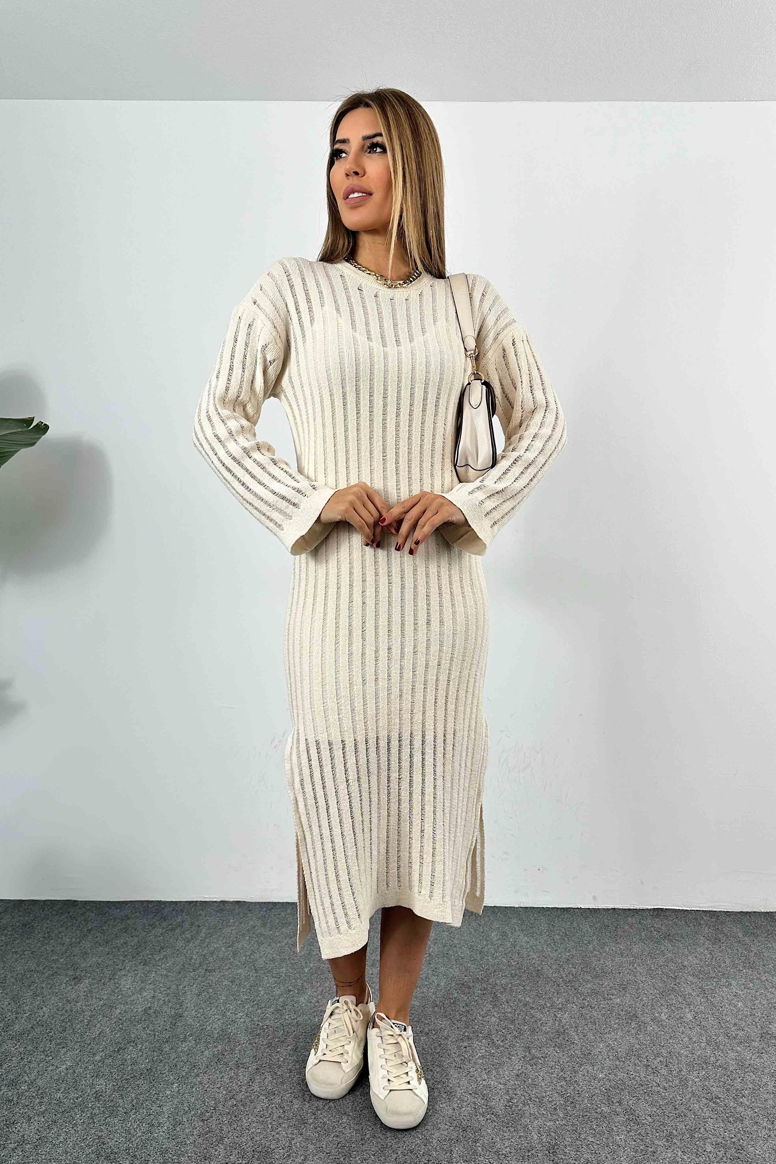 Bisiklet Yaka Ajur Detay Elbise Ekru