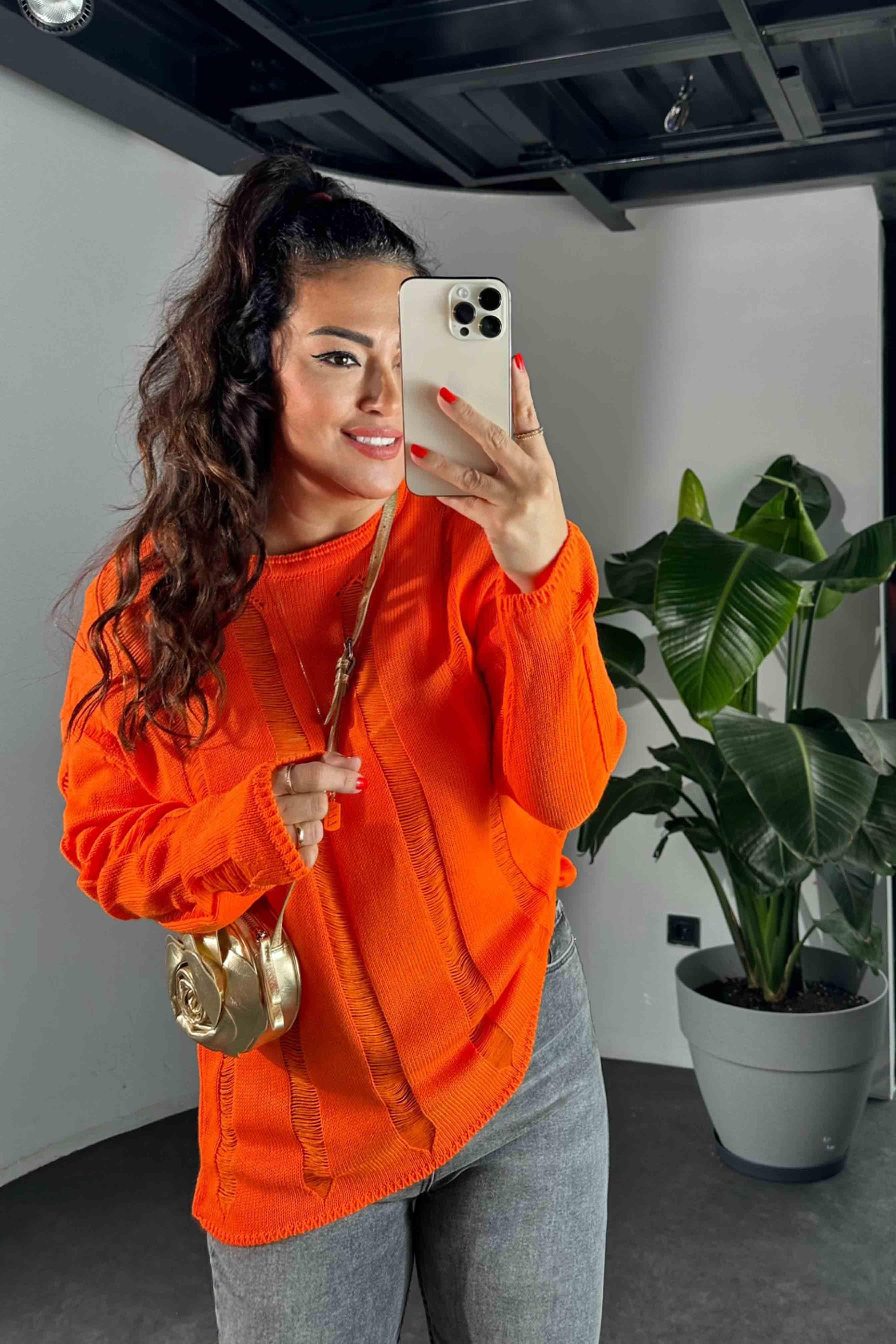 Bisiklet Yaka Ajurlu Tasarım Triko Kadın Kazak Turuncu