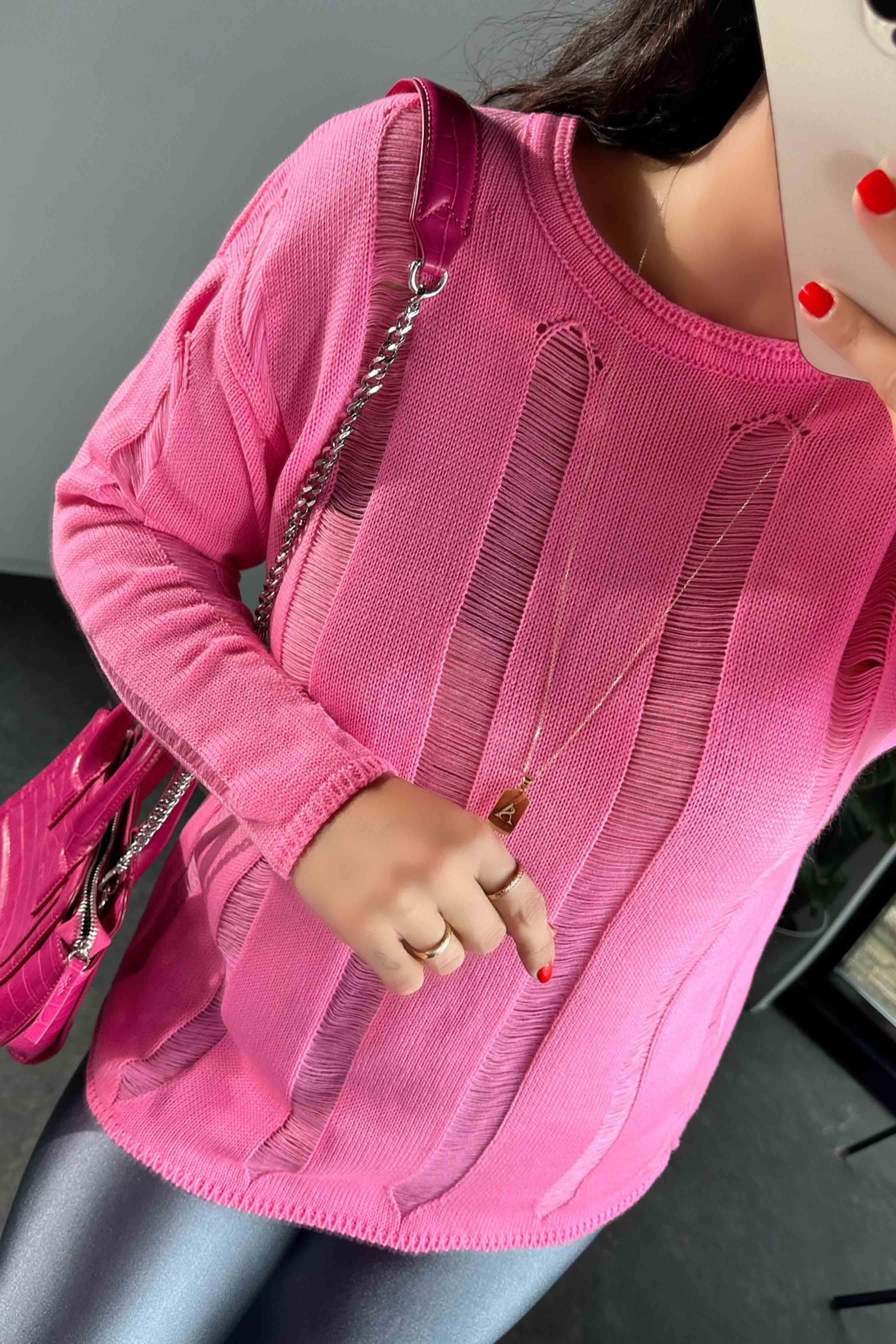 Bisiklet Yaka Ajurlu Tasarım Triko Kadın Kazak Pembe