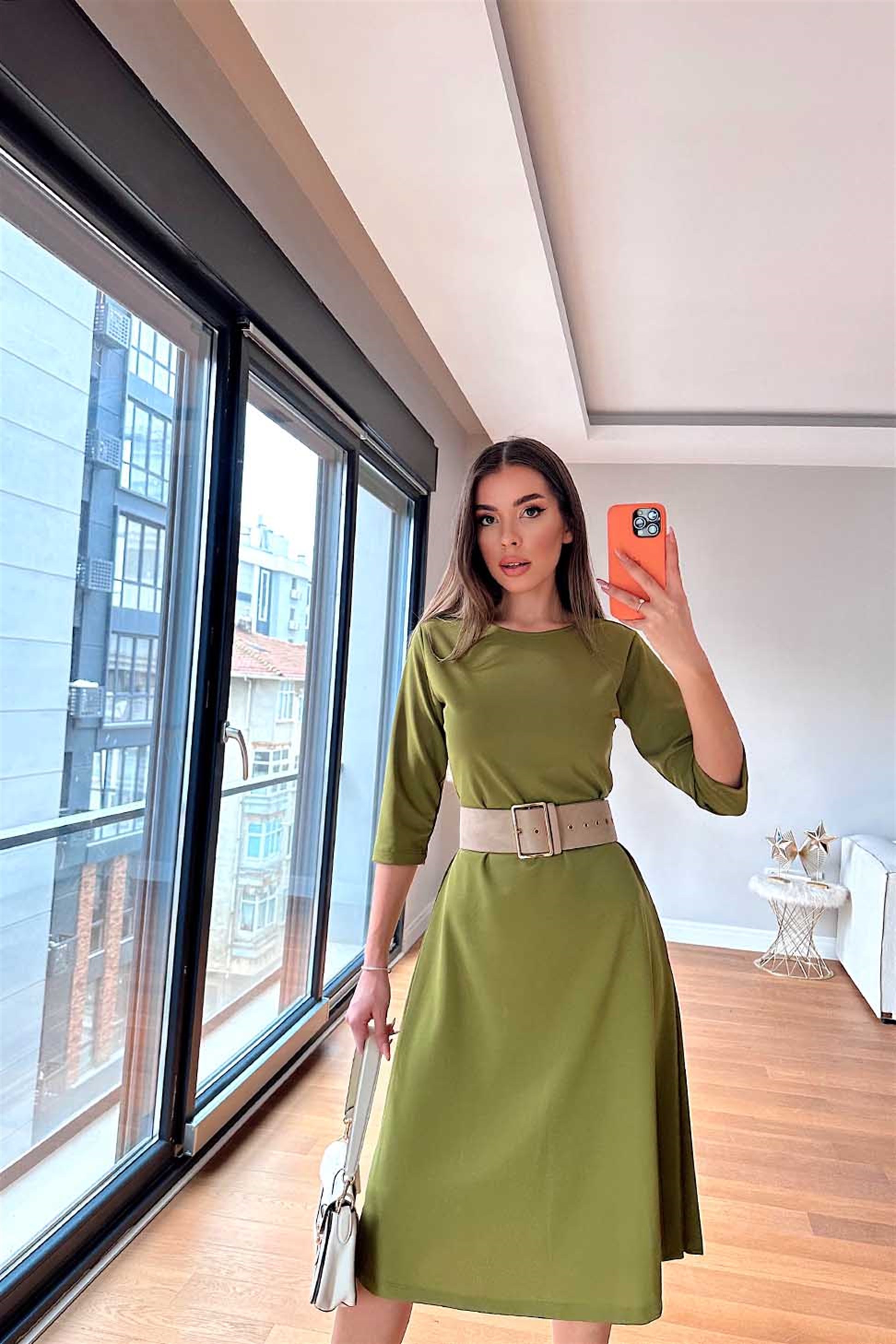 Bisiklet Yaka Çan Elbise Olive Yeşil