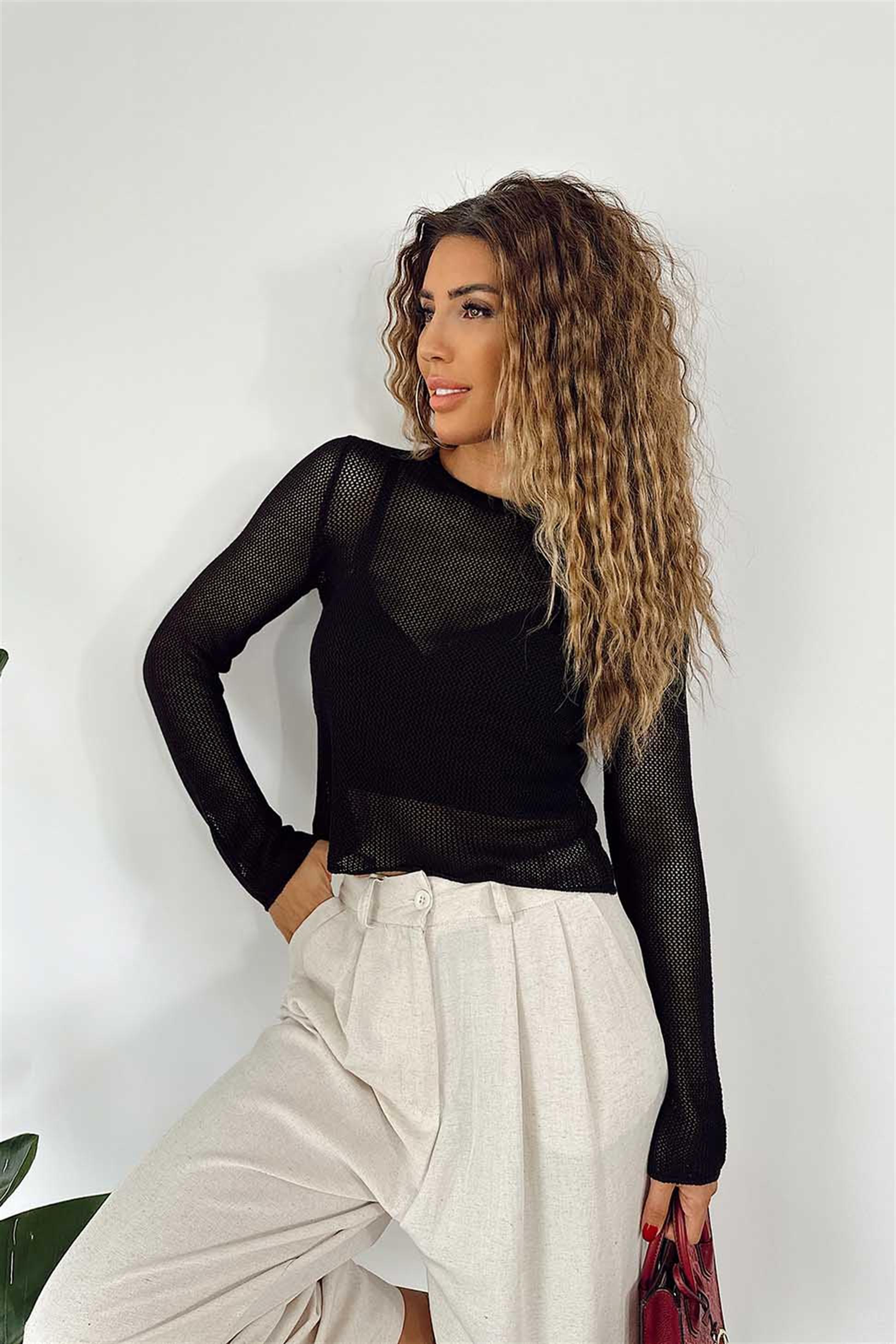 Bisiklet Yaka File Detay İnce Örme Kazak Siyah