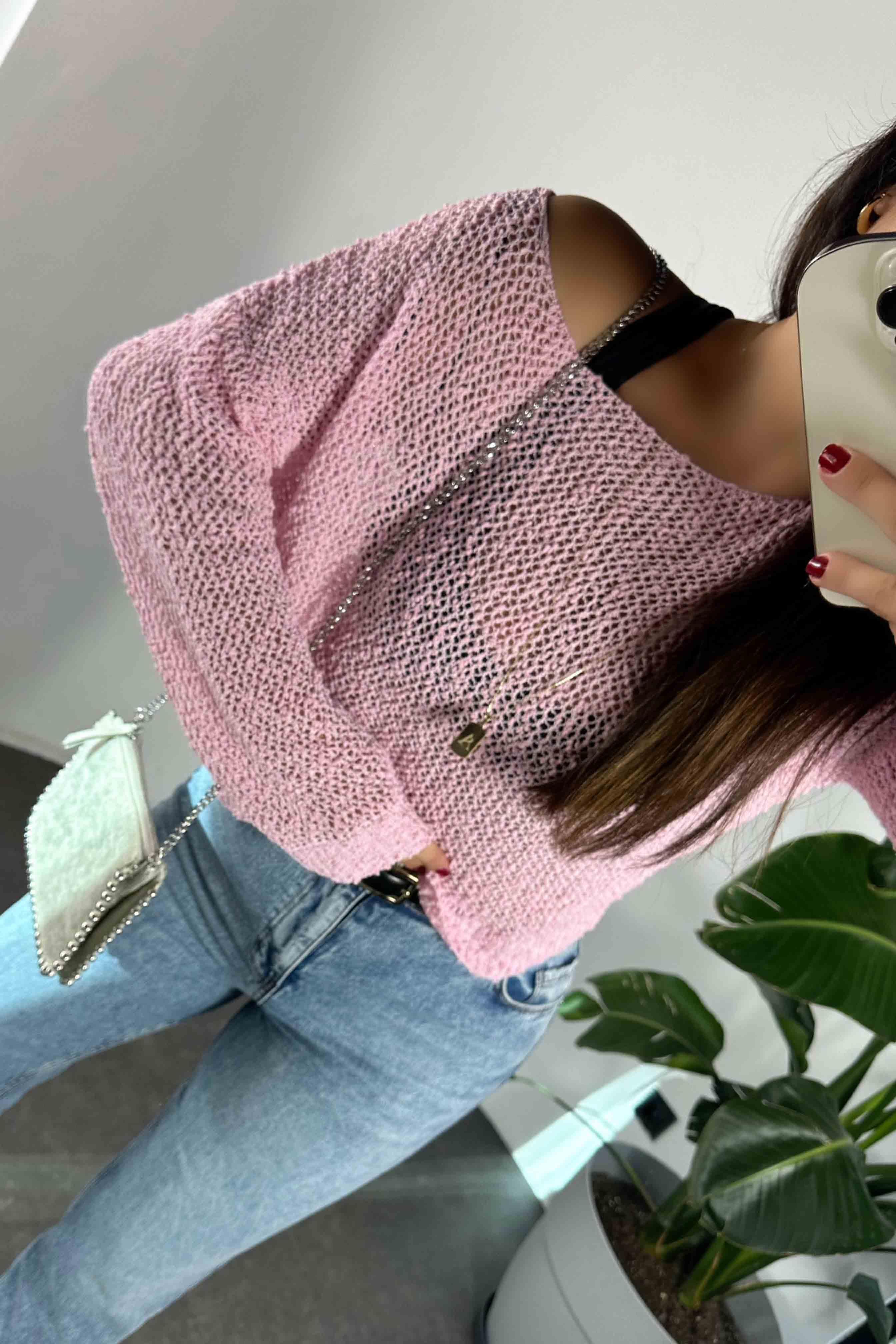 Bisiklet Yaka File Detay Kazak Pembe