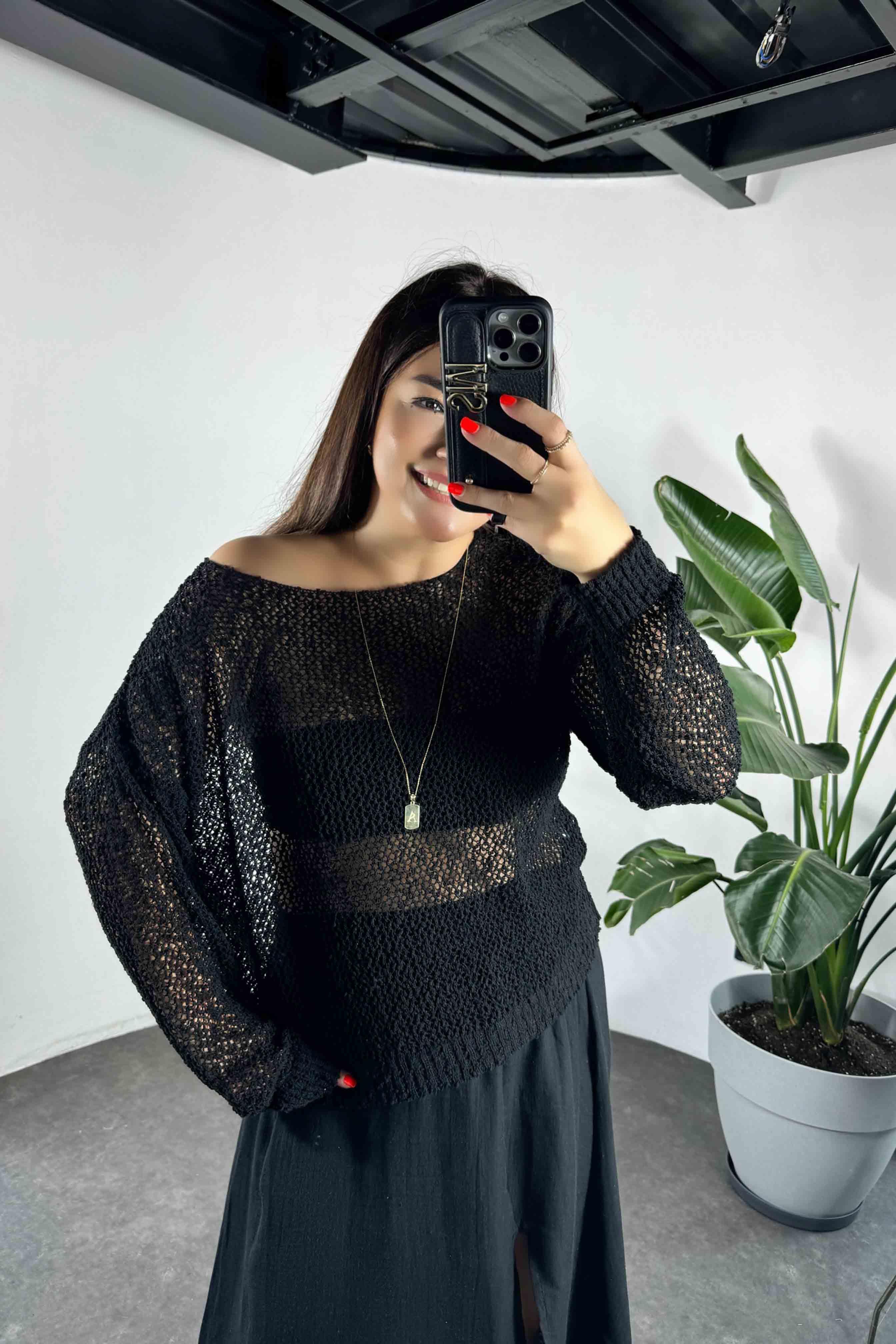 Bisiklet Yaka File Detay Kazak Siyah