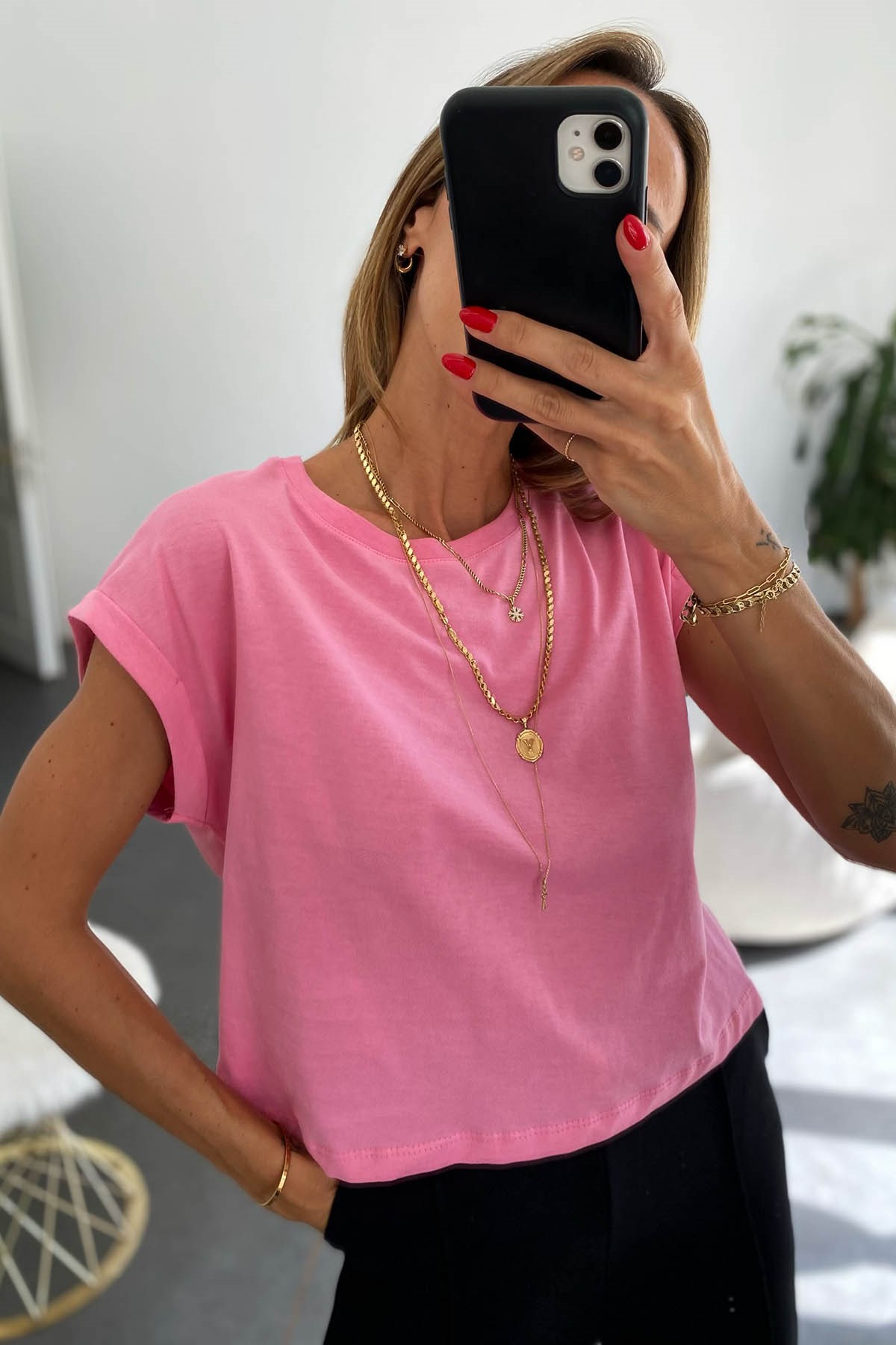 Bisiklet Yaka Kısa Tişört Pembe