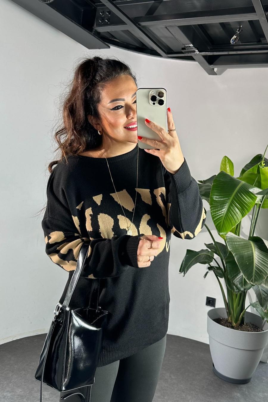 Bisiklet Yaka Leopar Desen Triko Kadın Kazak Siyah