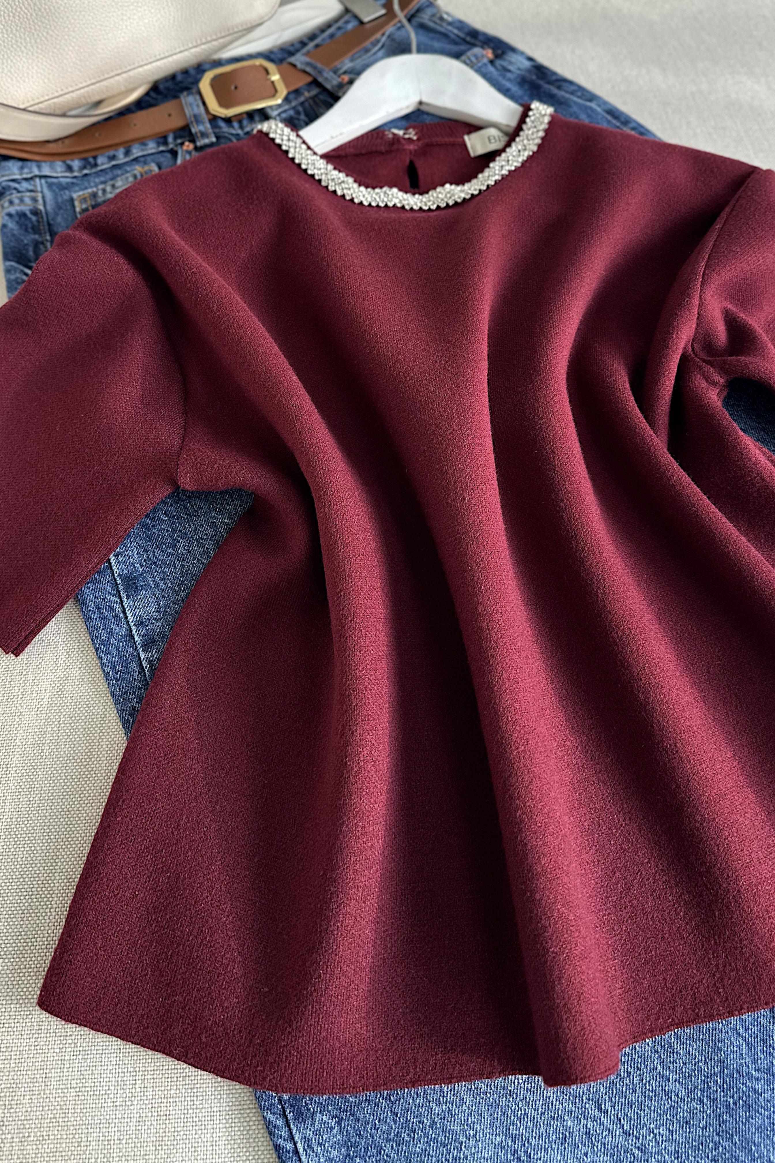 Bisiklet Yaka Parlak Taş Detaylı Triko Bluz Bordo